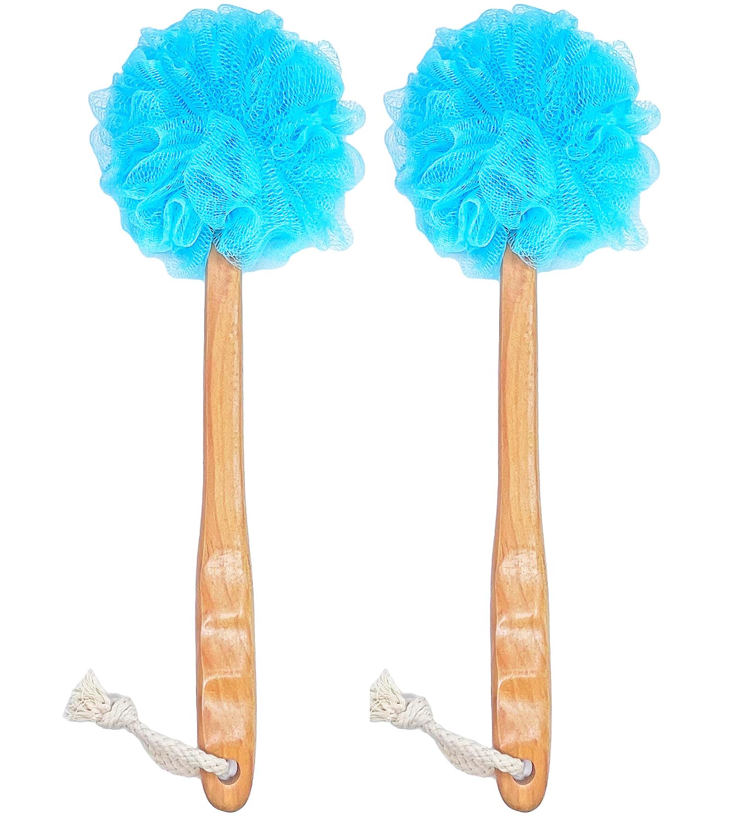 Shower Loofah Body & Back Scrubber | Exfoliating Luffa Bath Brush | Long Wooden Handle | Men & Women | Easy Reach | 2 Pack Blue - Buy Online on SooperMarket.com