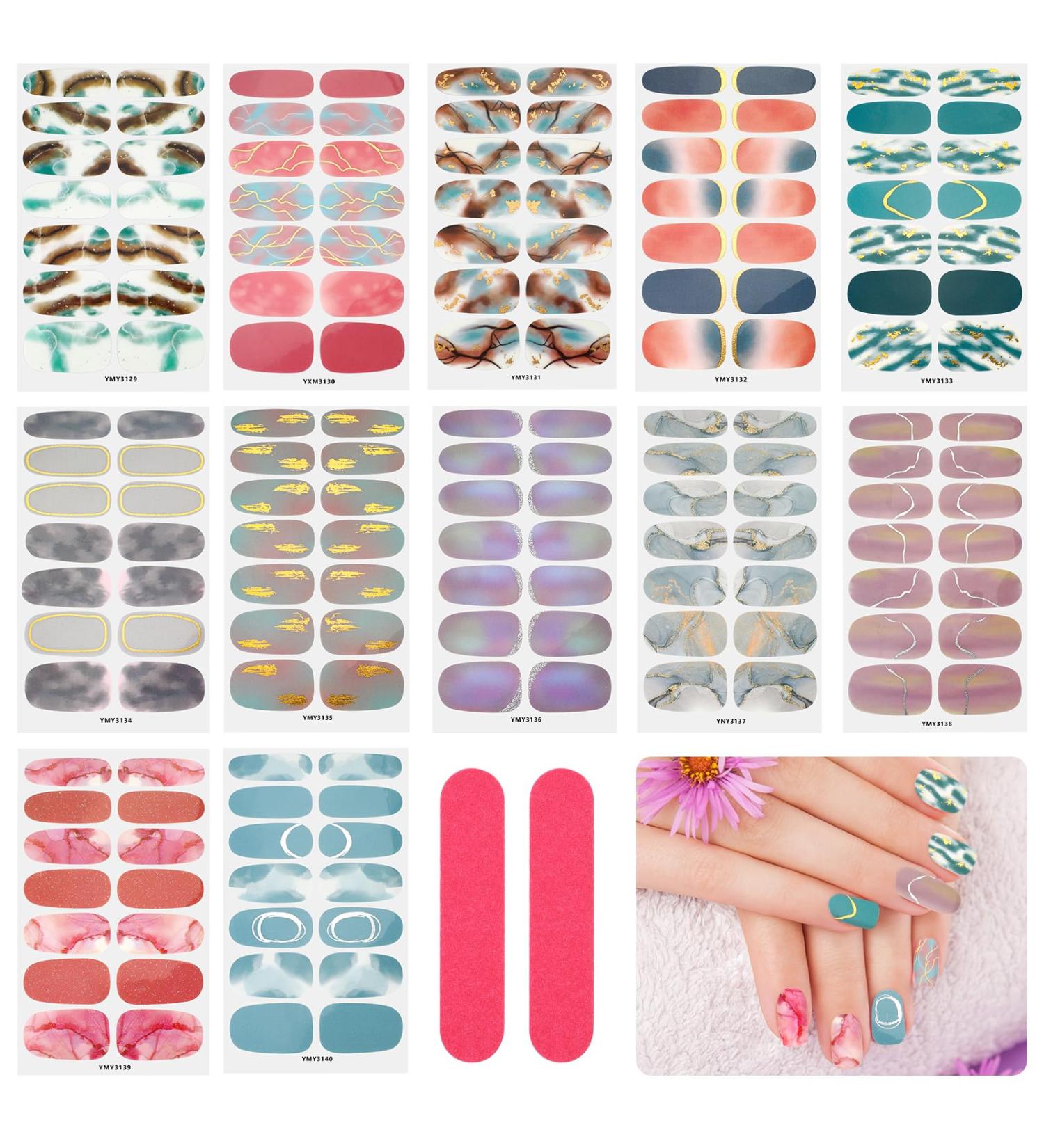 JSRQT 12 Sheets Marble Full Wraps Self Adhesive Nail Stickers 168 Pieces Nail Polish Stickers Set with 2 Nail Files DIY Nail Art Stencil Full Nail Decals Stickers for Women Girls Manicure - Buy Online on SooperMarket.com