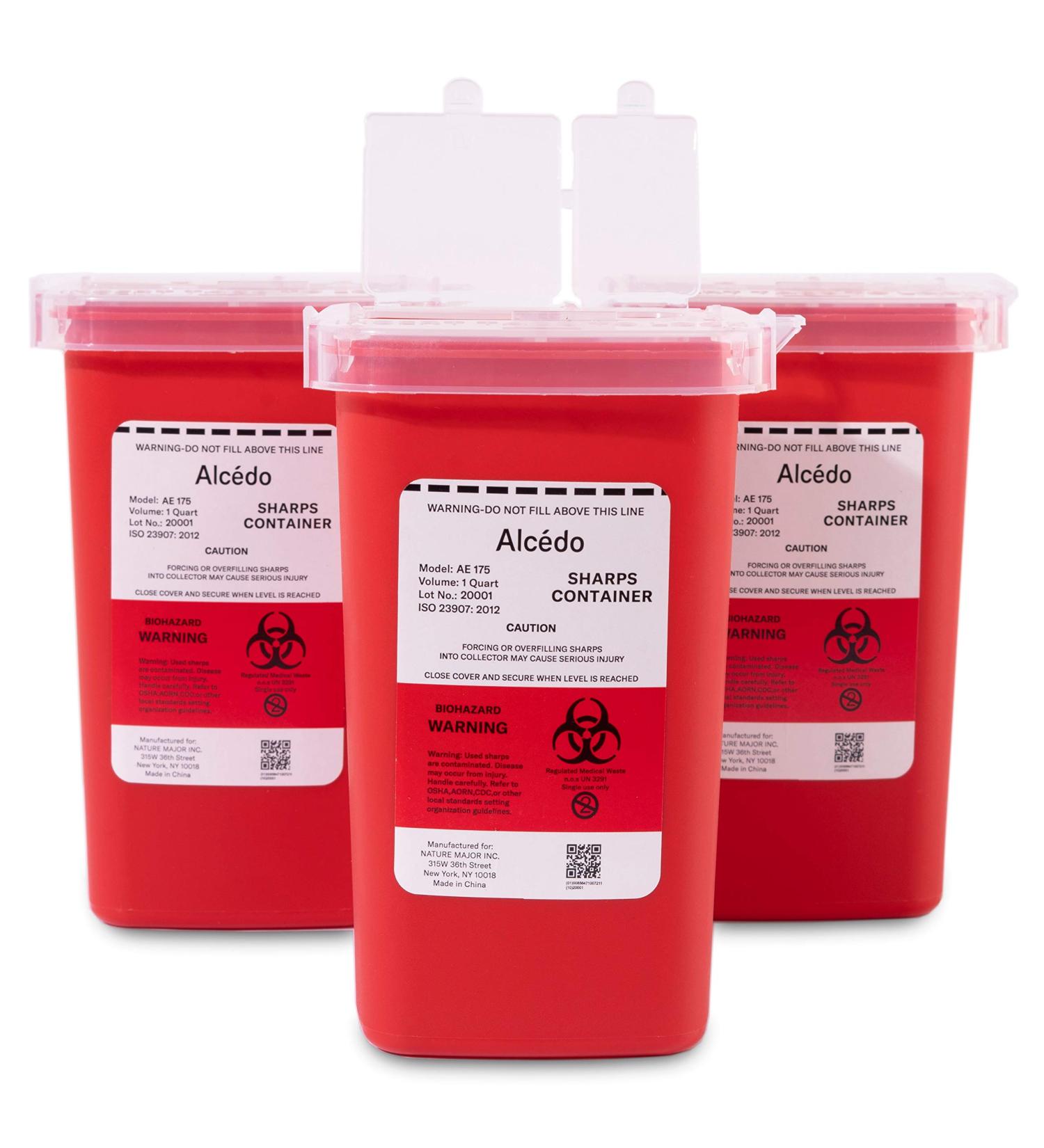Alcedo Sharps Container 1 Quart (3-Pack) | Biohazard Needle Disposal | Portable for Home & Professional Use - Buy Online on SooperMarket.com