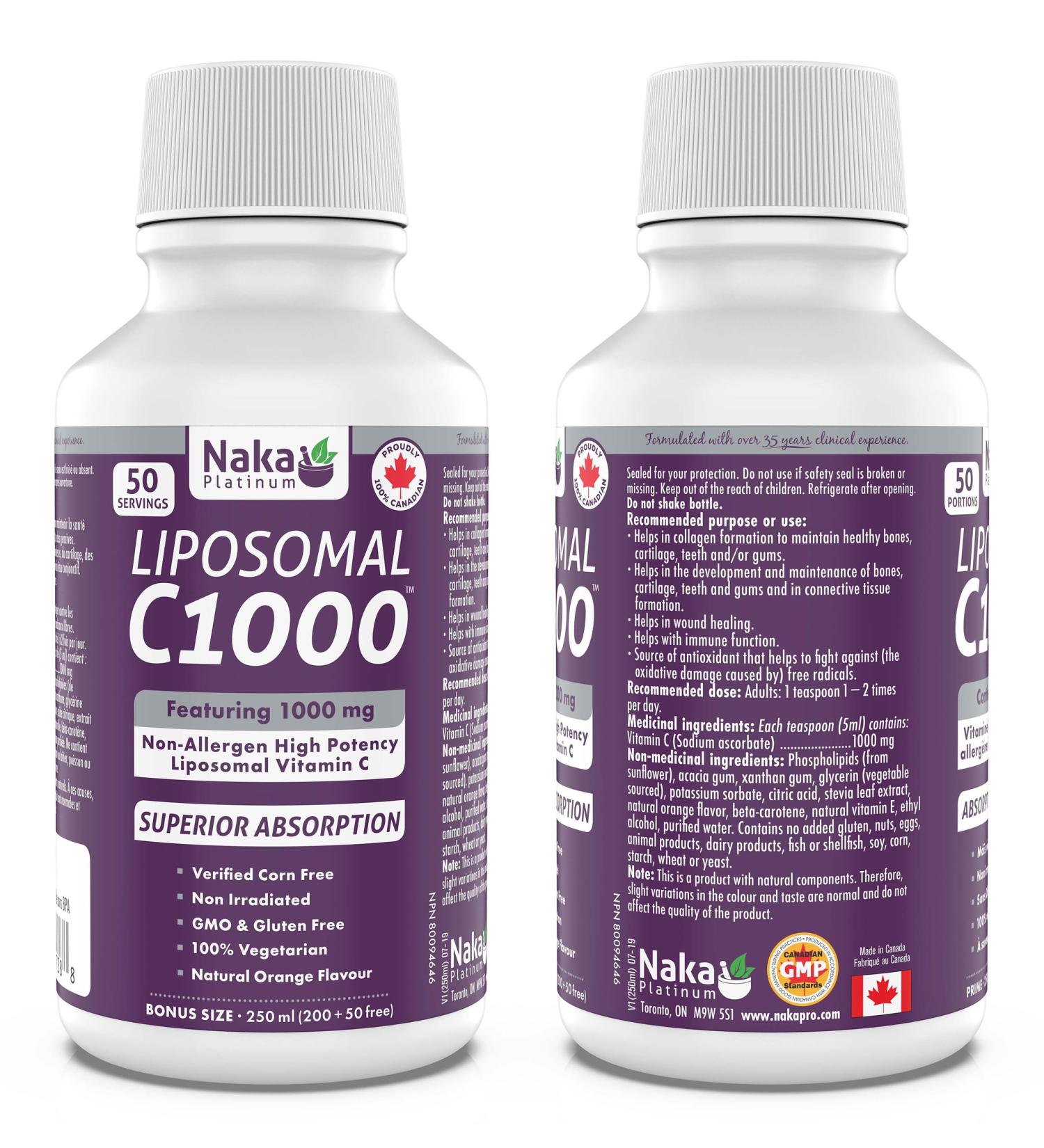 Naka Platinum LIPOSOMAL C1000 Non-Allergen High Potency Vitamin C (Sodium Ascorbate) 1000 mg per 5ml teaspoon - BONUS SIZE 250 ml (200+50 Free) 50 servings. 250 ml (Pack of 1) - Buy Online on SooperMarket.com