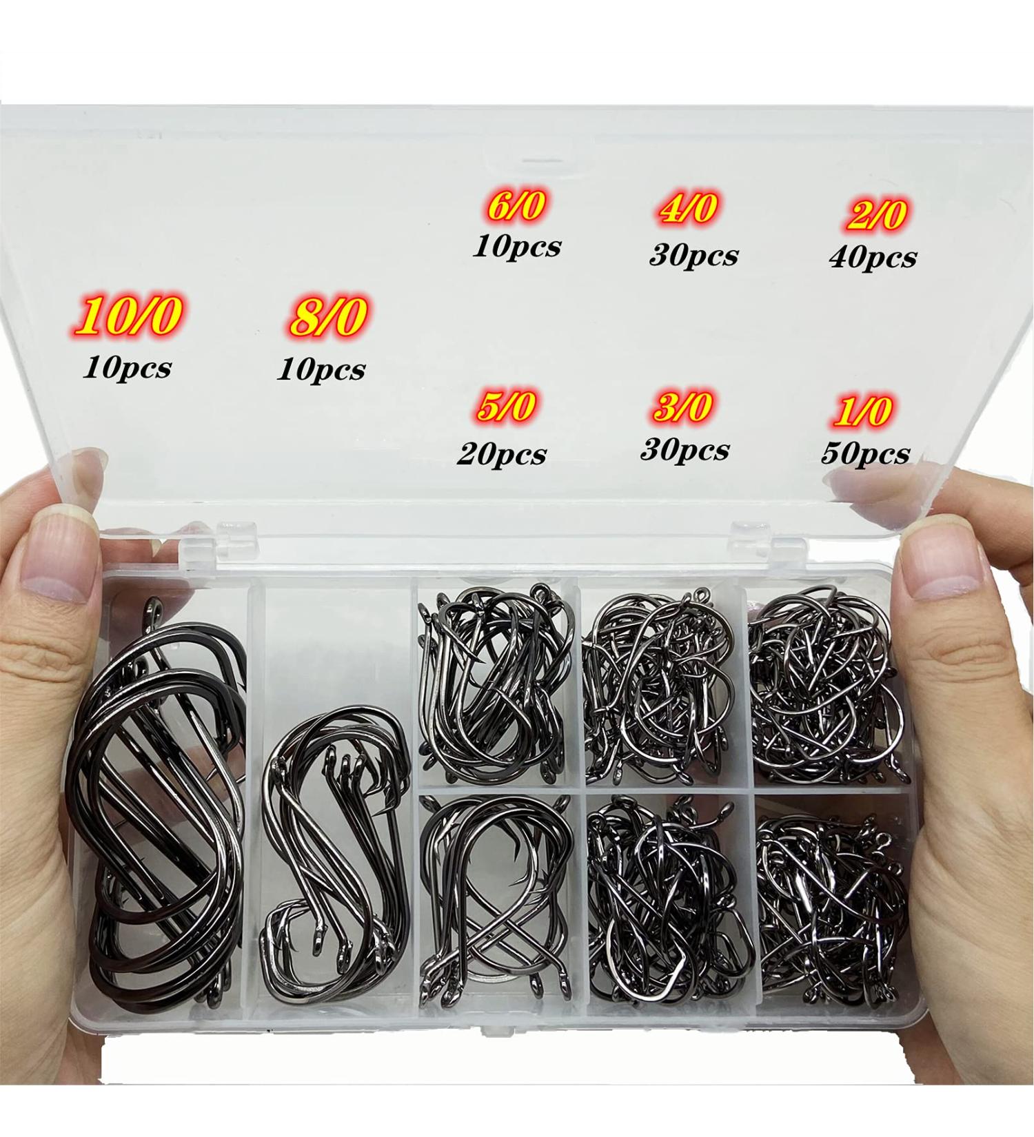 200Pcs DAMIDEL Octopus Fishing Hooks | Forged Steel | Barbed Design | Off-Set Point | Closed Eye | Mixed Sizes 10/0 to 1/0 - Buy Online on SooperMarket.com