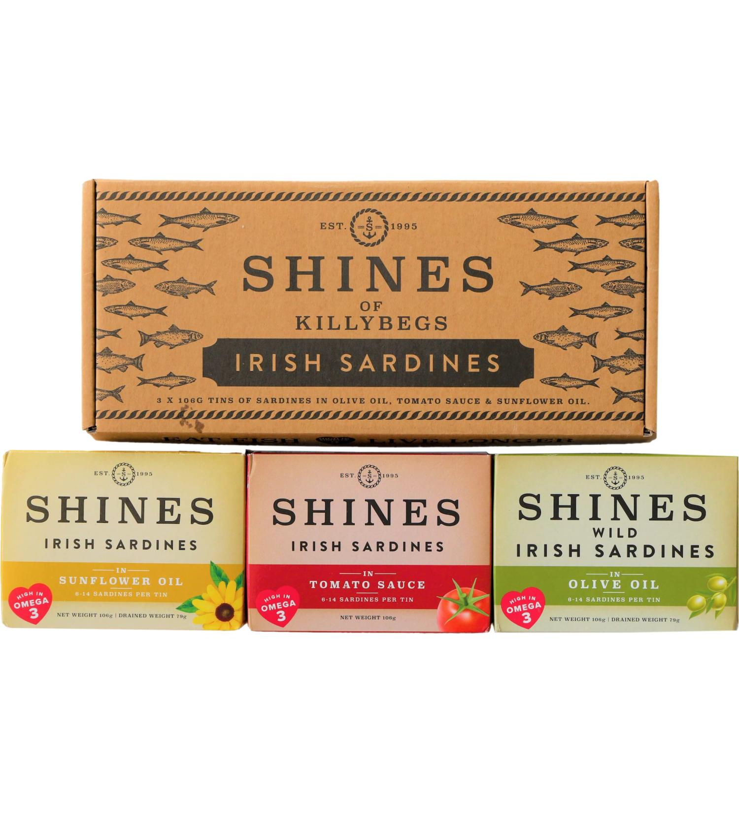 Pack of Shines Irish Tinned Sardines - 3 Flavours Tomato Sauce Olive Oil and Sunflower Oil - Pilchards - Low Carb and High Protein - Canned Fish High in Omega 3 - 3x 106g Cans - Buy Online on SooperMarket.com