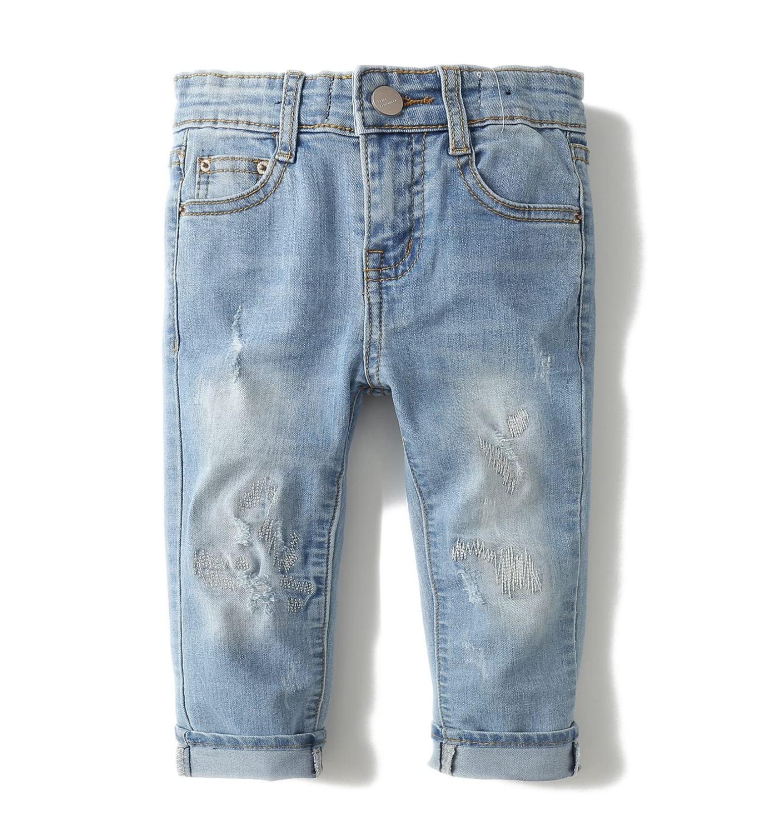 Kidscool Space Slim Jeans for Baby Boys & Girls | Elastic Waist | Ripped Denim | 7-8 Years | Light Blue - Buy Online on SooperMarket.com