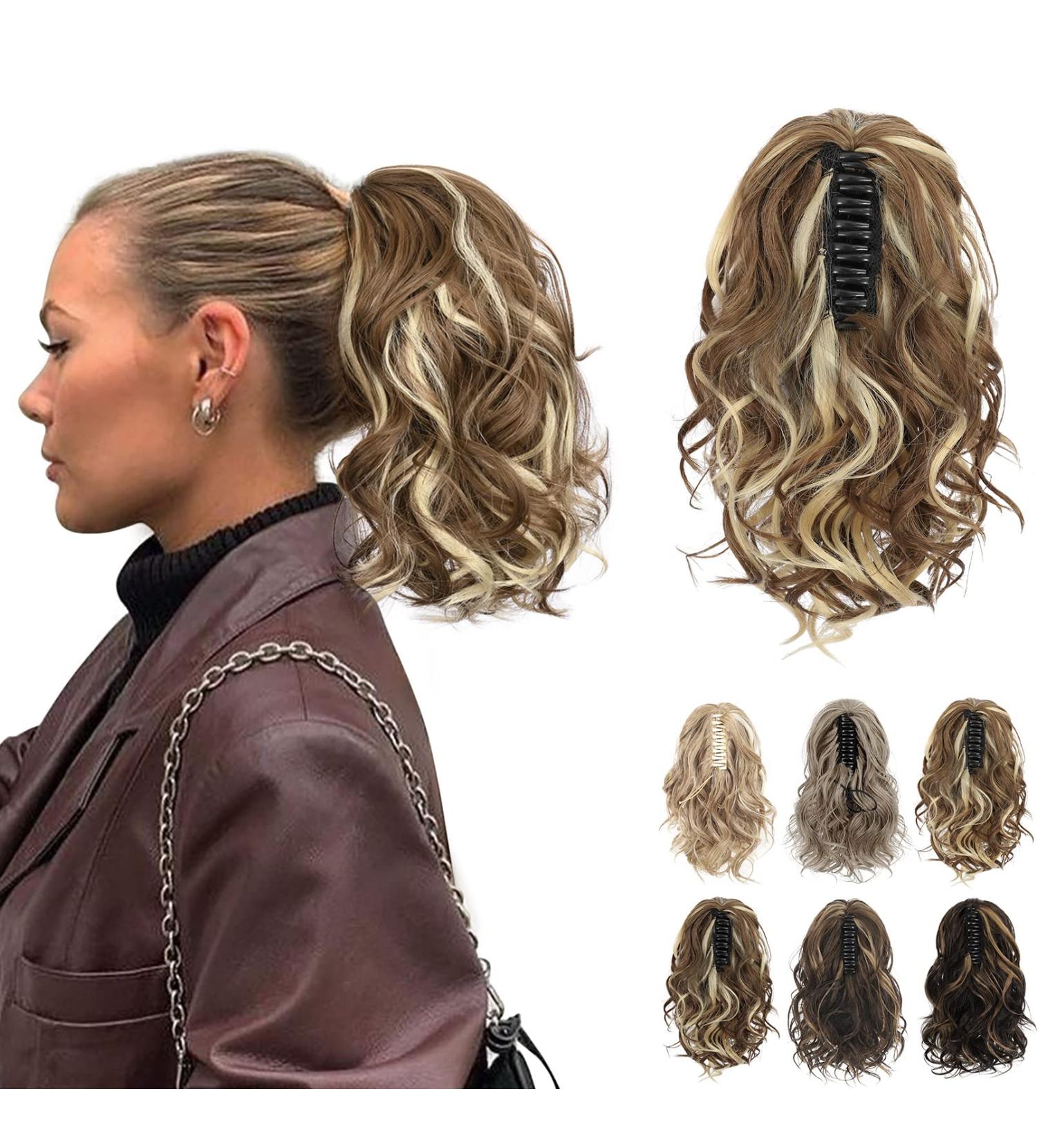 REECHO 10 Inch Ash Brown Ponytail Extension | Short Curly Synthetic Hairpiece with Platium Highlights - Buy Online on SooperMarket.com