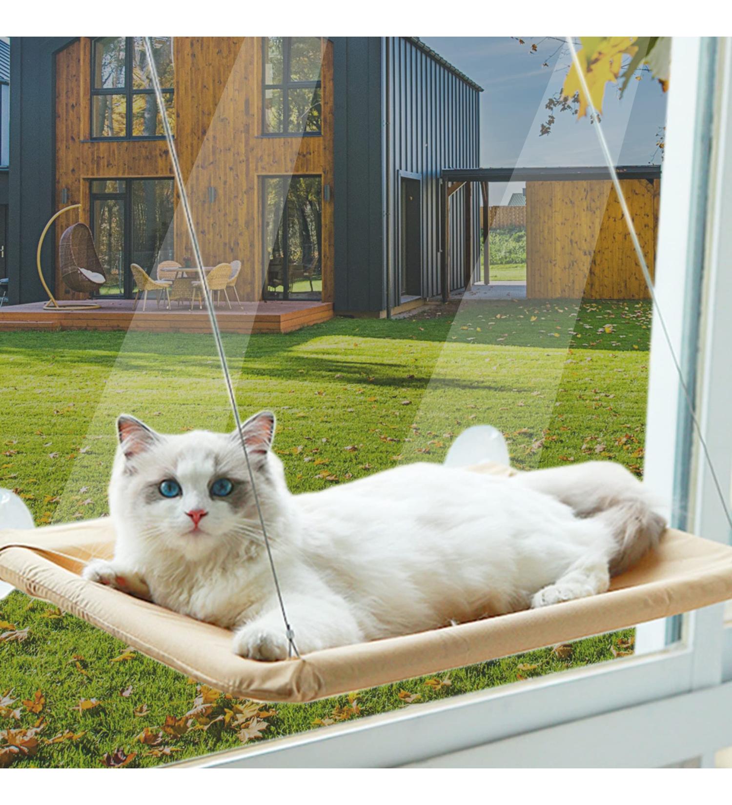 Cat Hammock Perch - Window Bed Seat Shelf for Indoor Cats | Safety Resting Shelf for 2 Cats | 360 Sunny Seat Space Saving Cat Bed (Khaki) - Buy Online on SooperMarket.com