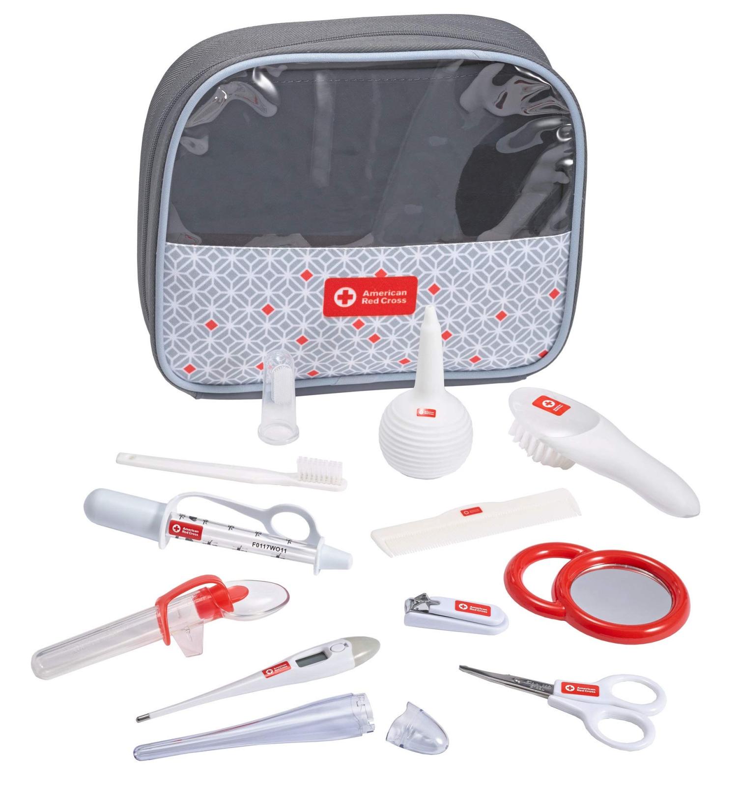 American Red Cross Deluxe Health and Grooming Kit for Infants | Thermometer, Medicine Dispenser, Comb, Brush, Nail Clippers and More | Convenient Tote Included - Buy Online on SooperMarket.com