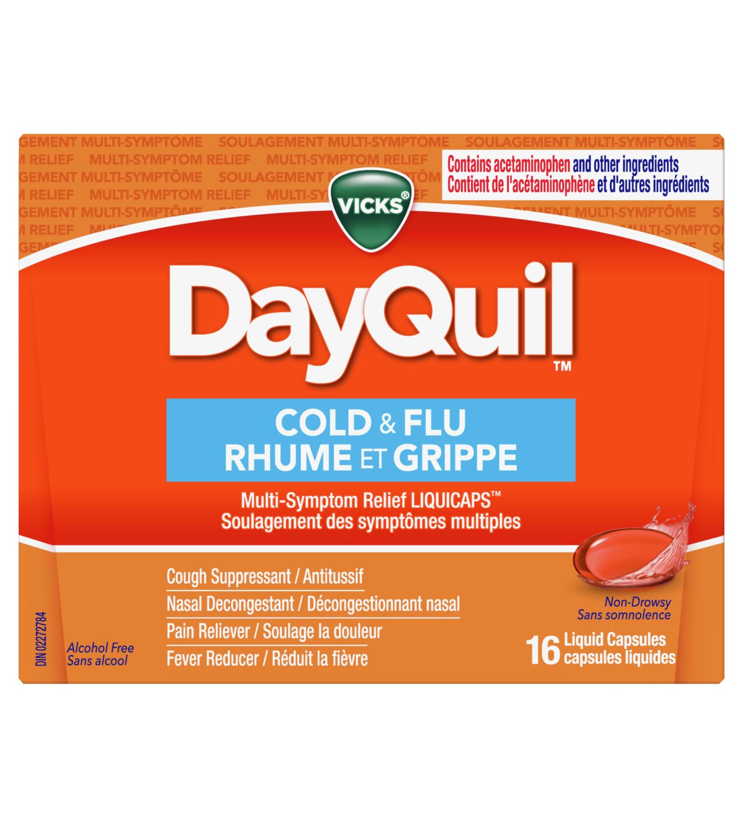 Vicks DayQuil Cold and Flu Medicine Cough Suppressant Nasal Decongestant Pain & Fever Reducer Non-Drowsy Formula 16 Liquid Capsules 16 Count - Buy Online on SooperMarket.com