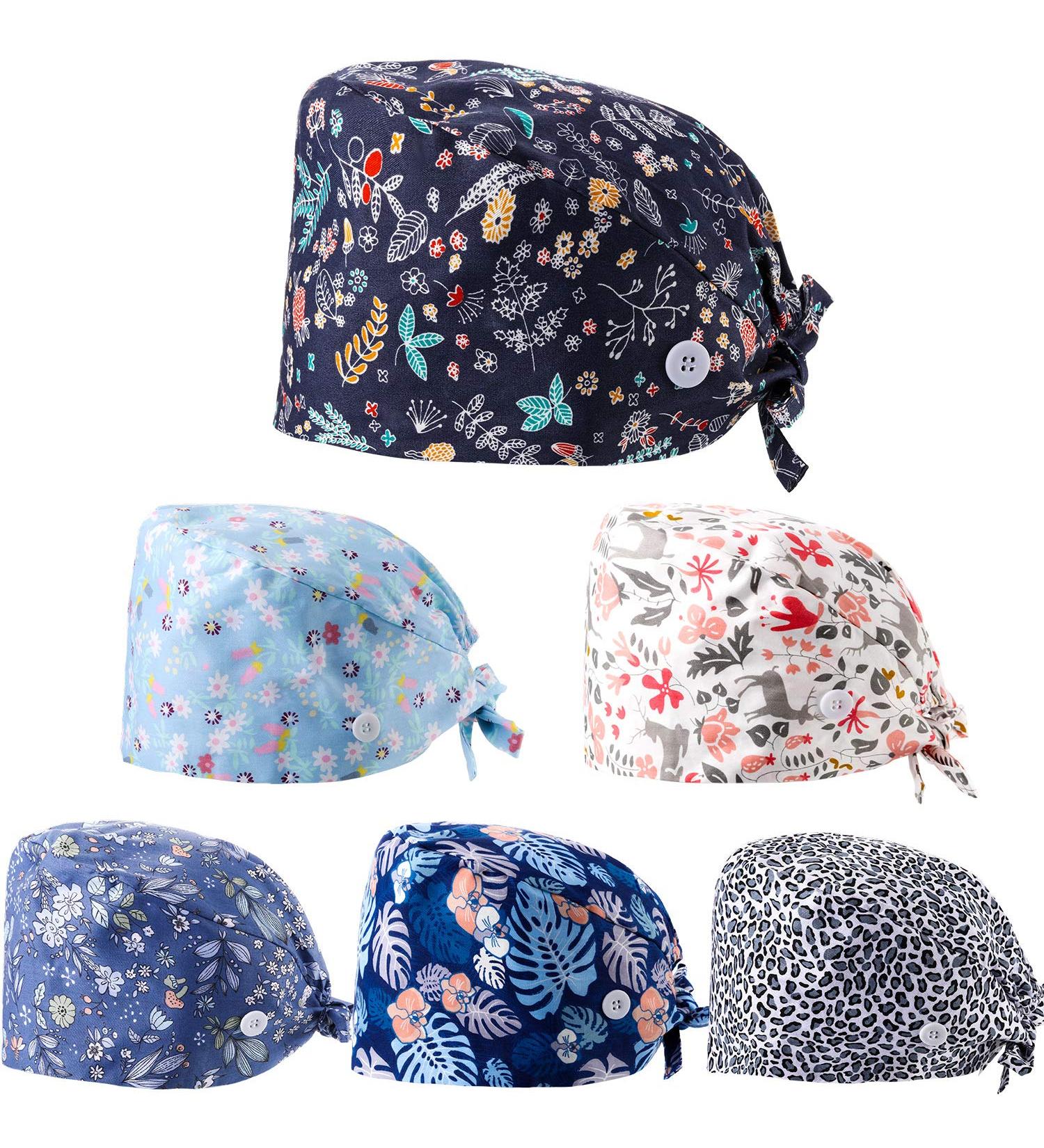 6-Piece Women's Scrub Caps with Buttons - Adjustable Bouffant Hats in Multicolored Floral Pattern - Buy Online on SooperMarket.com