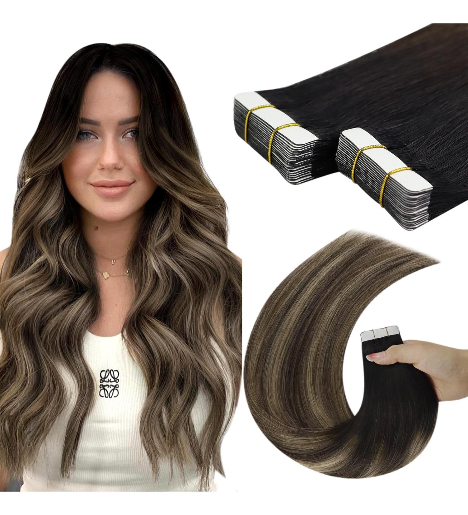 Youngsee Tape Extensions | Real Hair Balayage Tape In Extensions - 50cm 20pcs 50g - Remy Smooth Black/Brown/Blonde Hair - Buy Online on SooperMarket.com