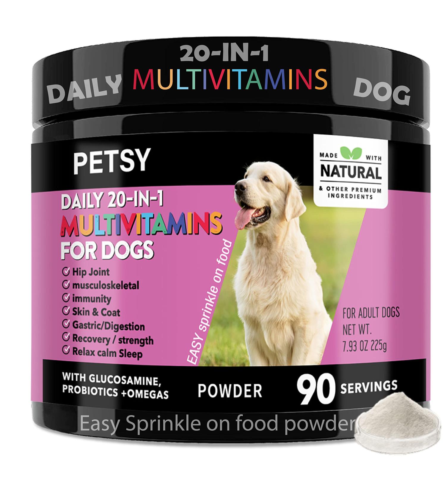 PETSY Dog Vitamins & Supplements 20-in-1 Essential Multivitamins B2 B3 B6 B7 B12 Vit C Folic Acid Biotin Glucosamine Chondroitin Wild Alaskan Salmon oil Hemp Seed oil Probiotics Blend TUB OF POWDER - Buy Online on SooperMarket.com