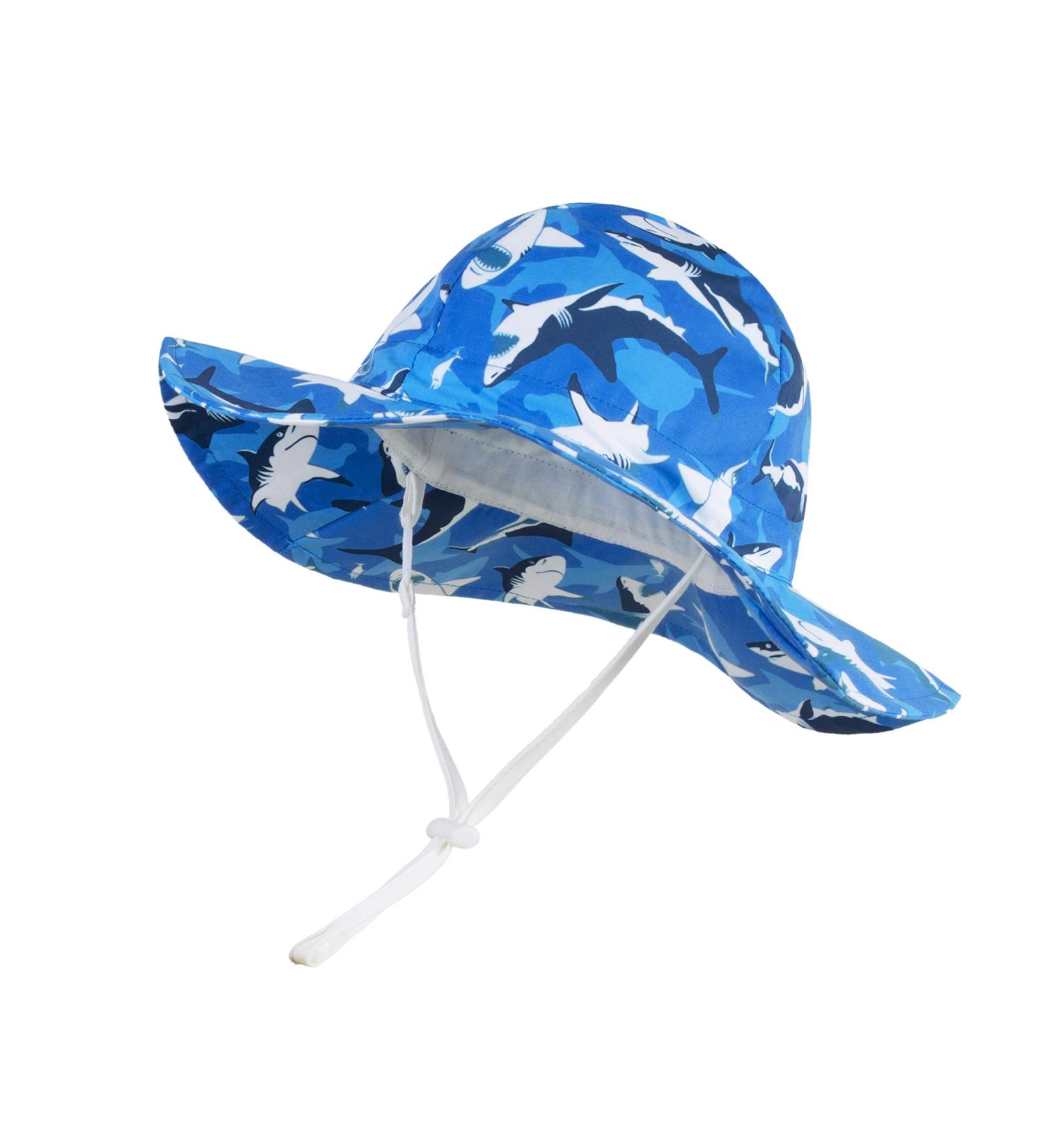 LANGZHEN Beach Sun Protection Hat for Baby Girls - Adjustable Toddler Kids Hat with Wide Brim & Chin Strap, Black Shark-Blue, 1-2 Years - Buy Online on SooperMarket.com