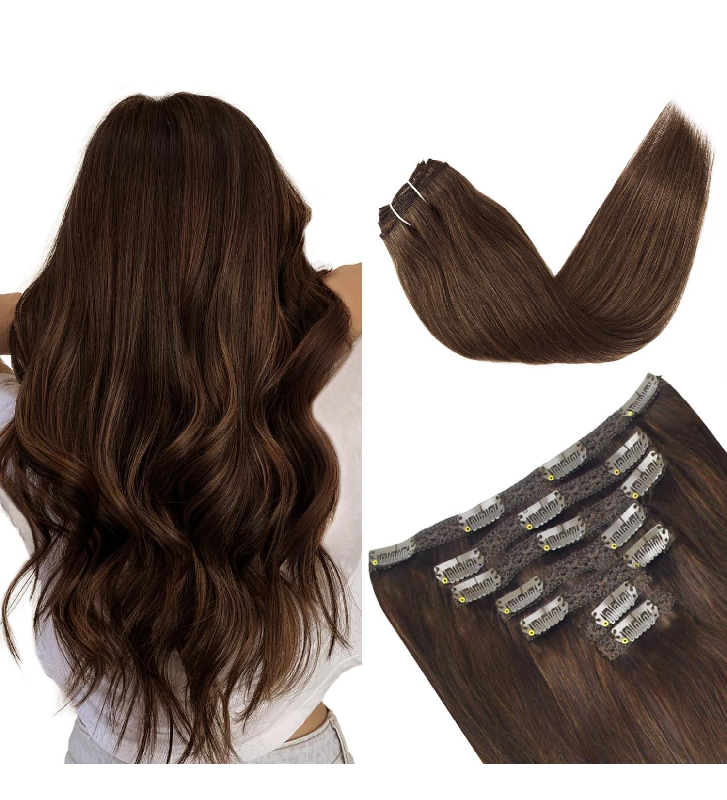 Dark Brown Seamless Clip in Human Hair Extensions - 12 Inch (60g), 7 Pieces Natural Thick Weft Hair Extensions for Women - 4 - Buy Online on SooperMarket.com