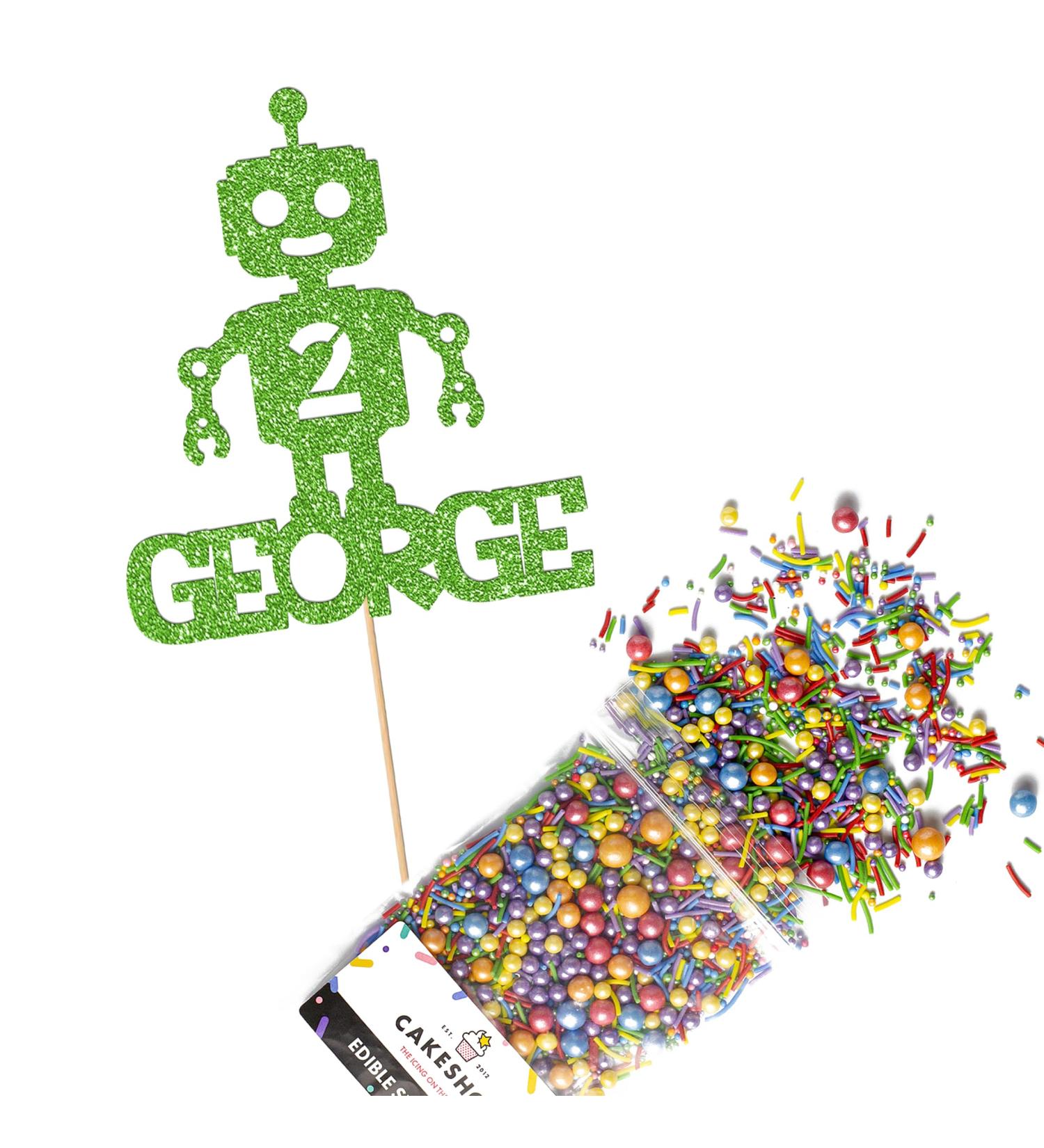 Cakeshop Cake Decoration Pack | Robot Alien Birthday Premium Double Sided Glitter Card Cake Topper & 25g Party Pack of Cake Sugar Sprinkles | Custom Name & Age Cake Decorations (Green) Non-Prime Glitter Card: Green - Buy Online on SooperMarket.com