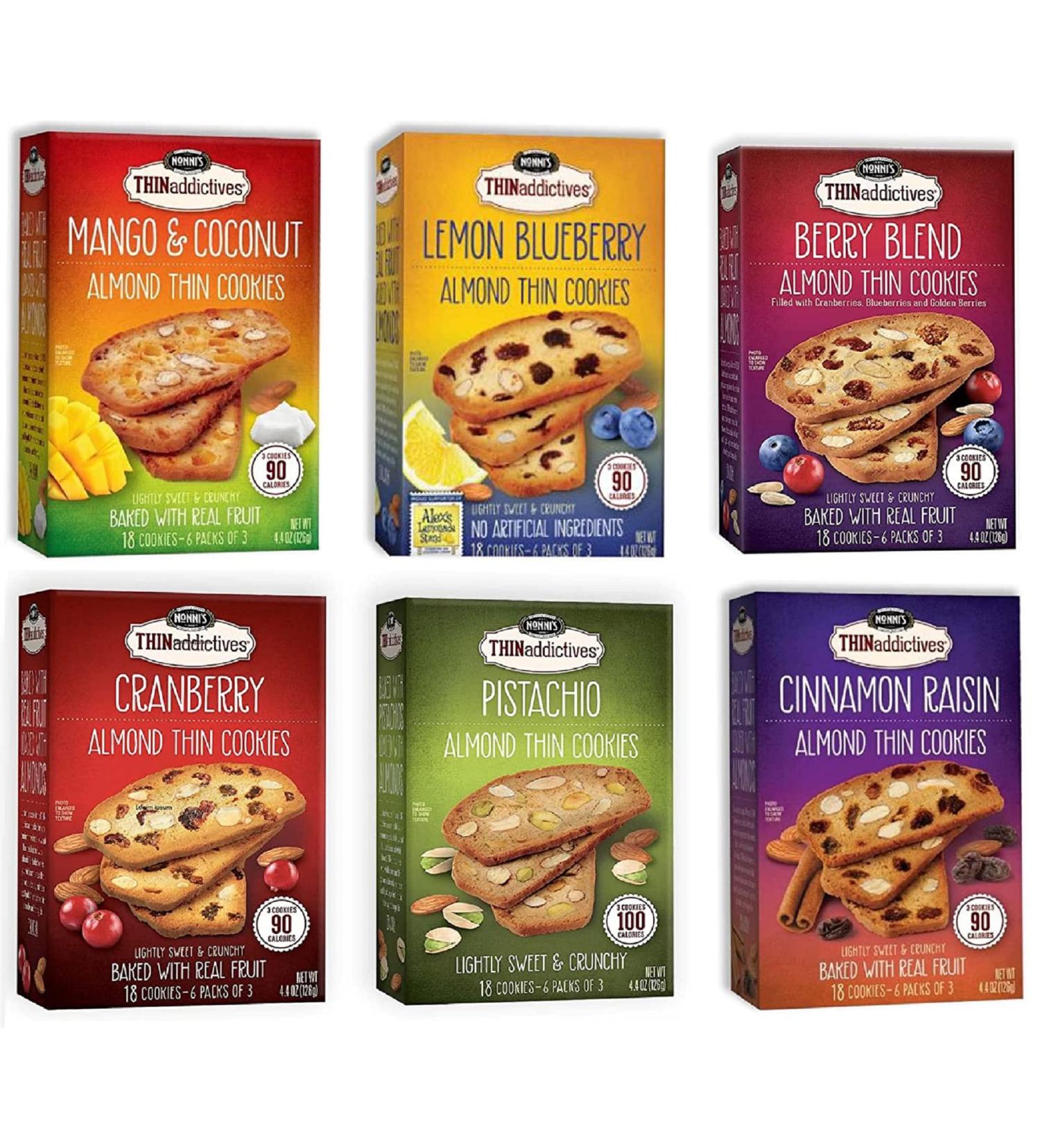 THINaddictives Variety 6 Pack - Almond Thin Cookies - Biscotti Italian Cookies - Sweet & Crunchy - 6 Flavors - 18 Cookies Per Box - Individually Wrapped - Kosher - 4.4 oz - Buy Online on SooperMarket.com