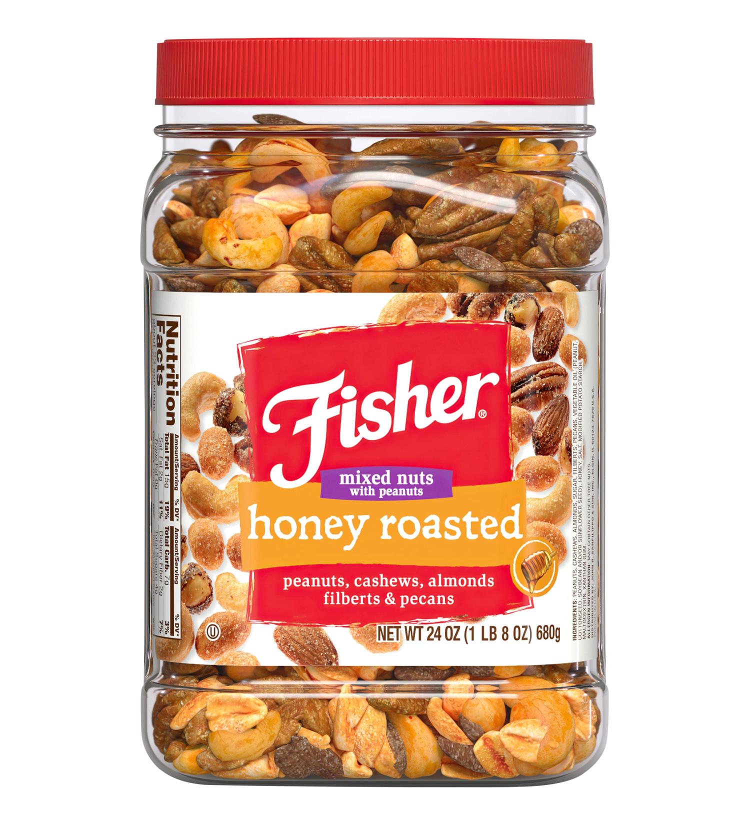 Fisher Snack Honey Roasted Mixed Nuts 24oz - Peanuts, Cashews, Almonds, Filberts, Pecans - 1.5lb Pack of 1 - Buy Online on SooperMarket.com