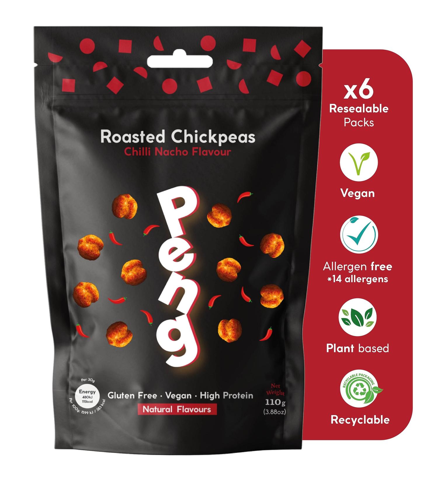 6 x Peng Roasted Chickpeas Snack (110g) - Healthy High Protein Plant-Based Double Roasted Chickpeas Snack (Chilli Nacho) - Buy Online on SooperMarket.com