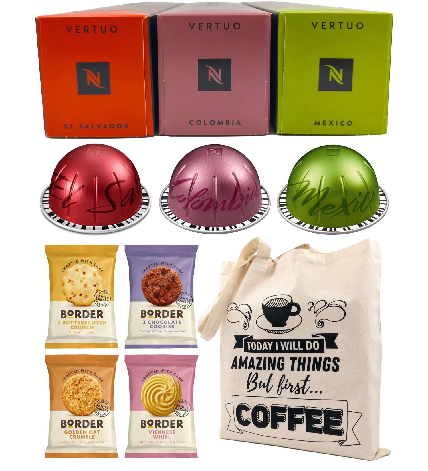Nespresso Vertuo Coffee Capsules - El Salvador Colombia Mexico - 3 Boxes (30 Pods) Bundled with Border Biscuits Selection & Giftable Tote Bag - Buy Online on SooperMarket.com