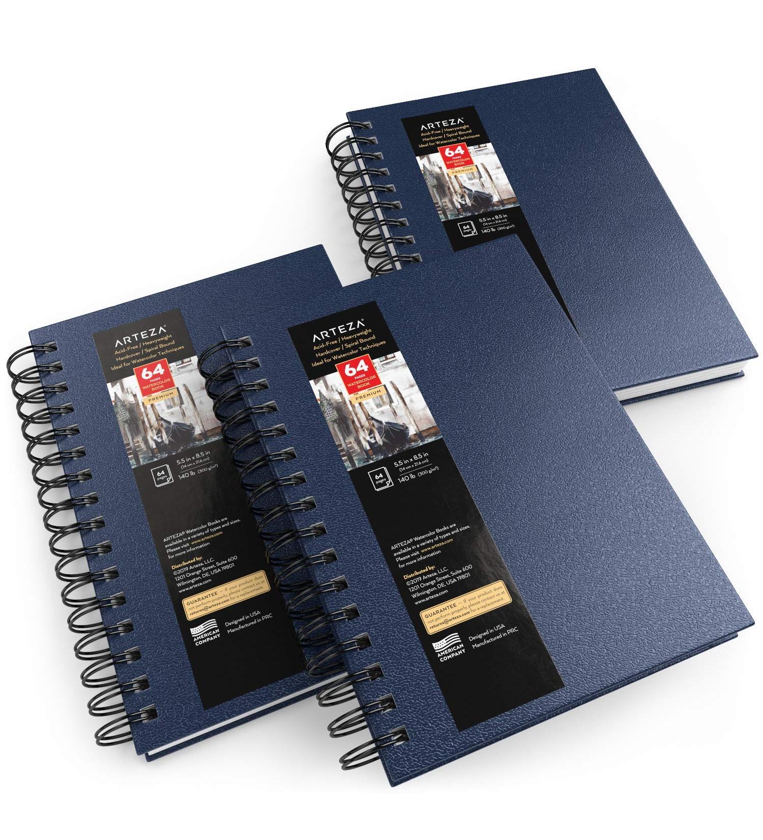 Arteza Watercolor Sketchbook 5.5x8.5-inch 3-Pack Blue Hardcover Journal, 96 Sheets, 140lb/300gsm, Spiral Bound Watercolor Paper Pad for Gouache, Acrylics, Pencils - 5.5x8.5 inch - Buy Online on SooperMarket.com
