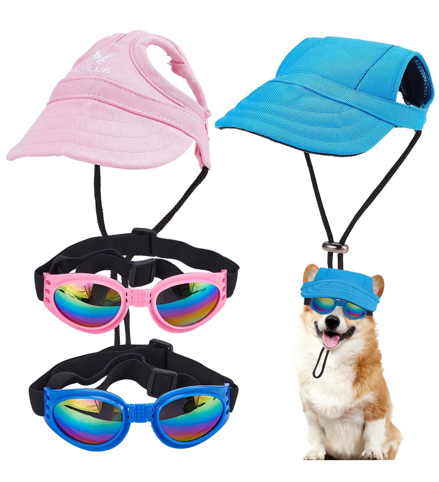 WEBEEDY 2 Sets Dog Hat and Sunglasses Set Summer Sunbonnet Adjustable Stripe Baseball Cap Pet Puppy Sunglasses for Outdoor Use - Buy Online on SooperMarket.com