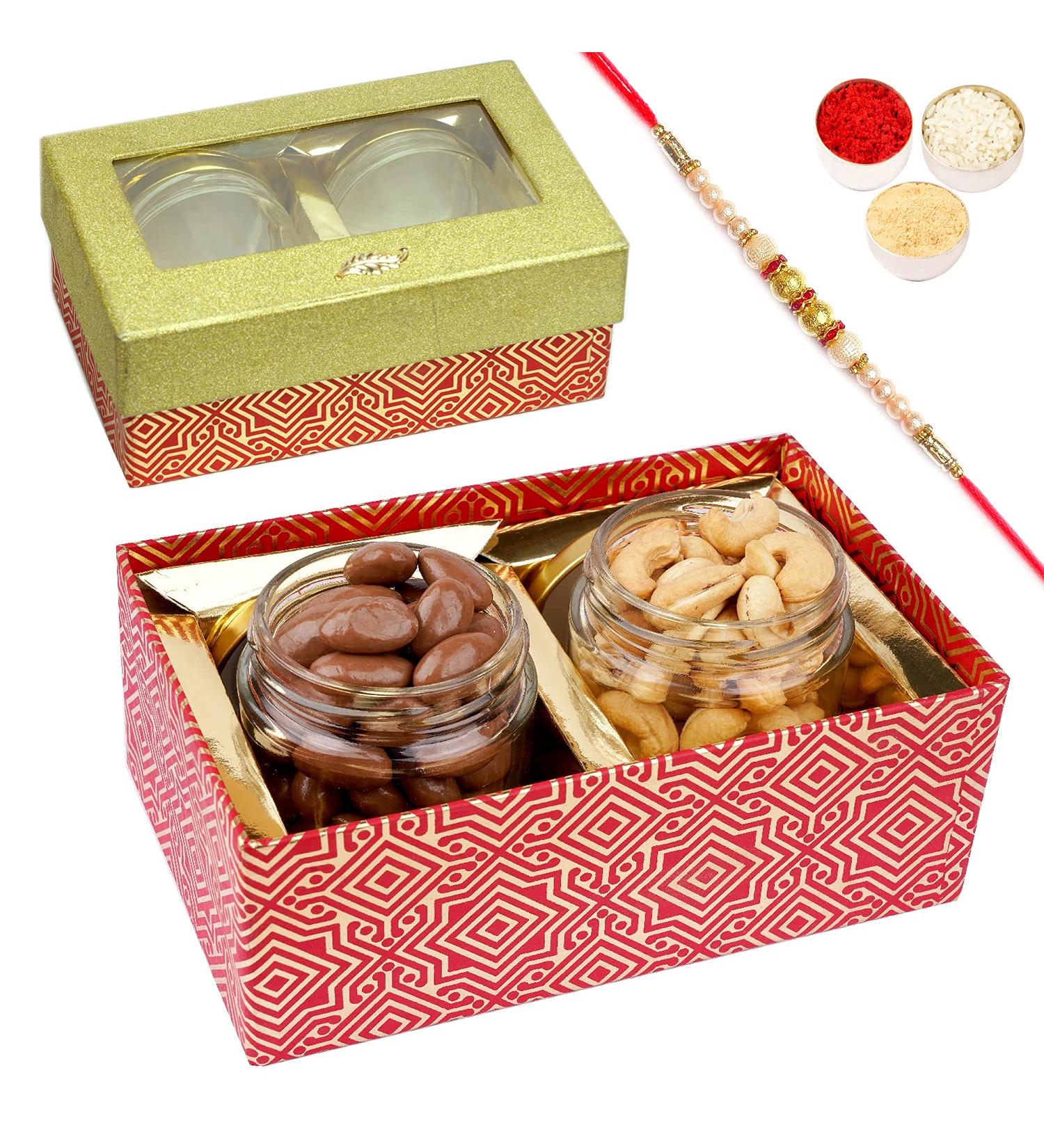 Jaiccha Ghasitaram Rakhi Gifts for Brothers Box with 2 Jars of Chocolate Coated Almonds and Roasted Cashews with Pearl Rakhi Box with 2 Jars of Choco Almonds and Kaju Rakhi - Buy Online on SooperMarket.com