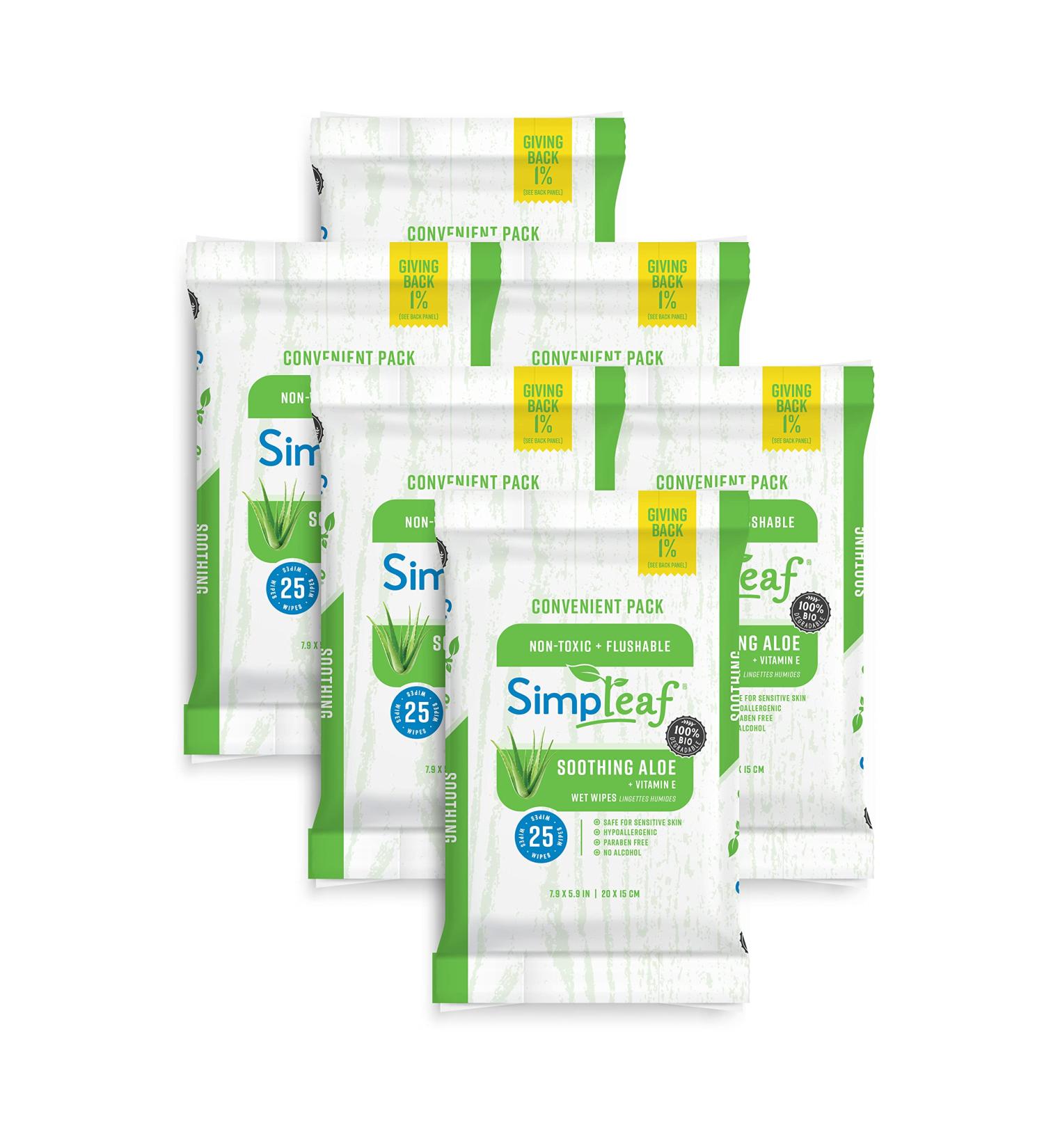 Simpleaf Flushable Wet Wipes For Adults - Eco-Friendly, Paraben & Alcohol-Free, Septic Safe, Hypoallergenic with Aloe Vera & Vitamin E - 6 Pack, 25 Count - Buy Online on SooperMarket.com