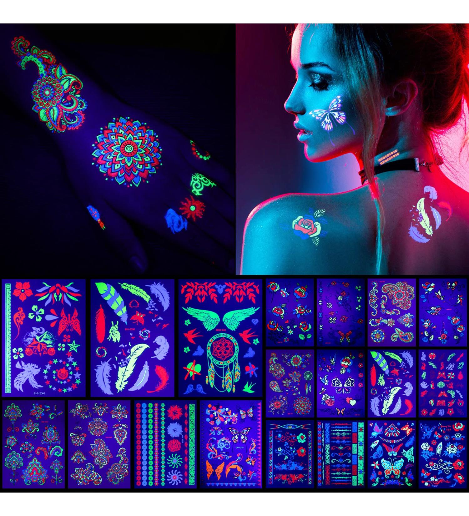 15 Sheets Glow in the Dark Temporary Neon Makeup UV Stickers for Women Kids - Stylish Body Face Skin Glowing Shimmer - Rave Party Supplies - Buy Online on SooperMarket.com