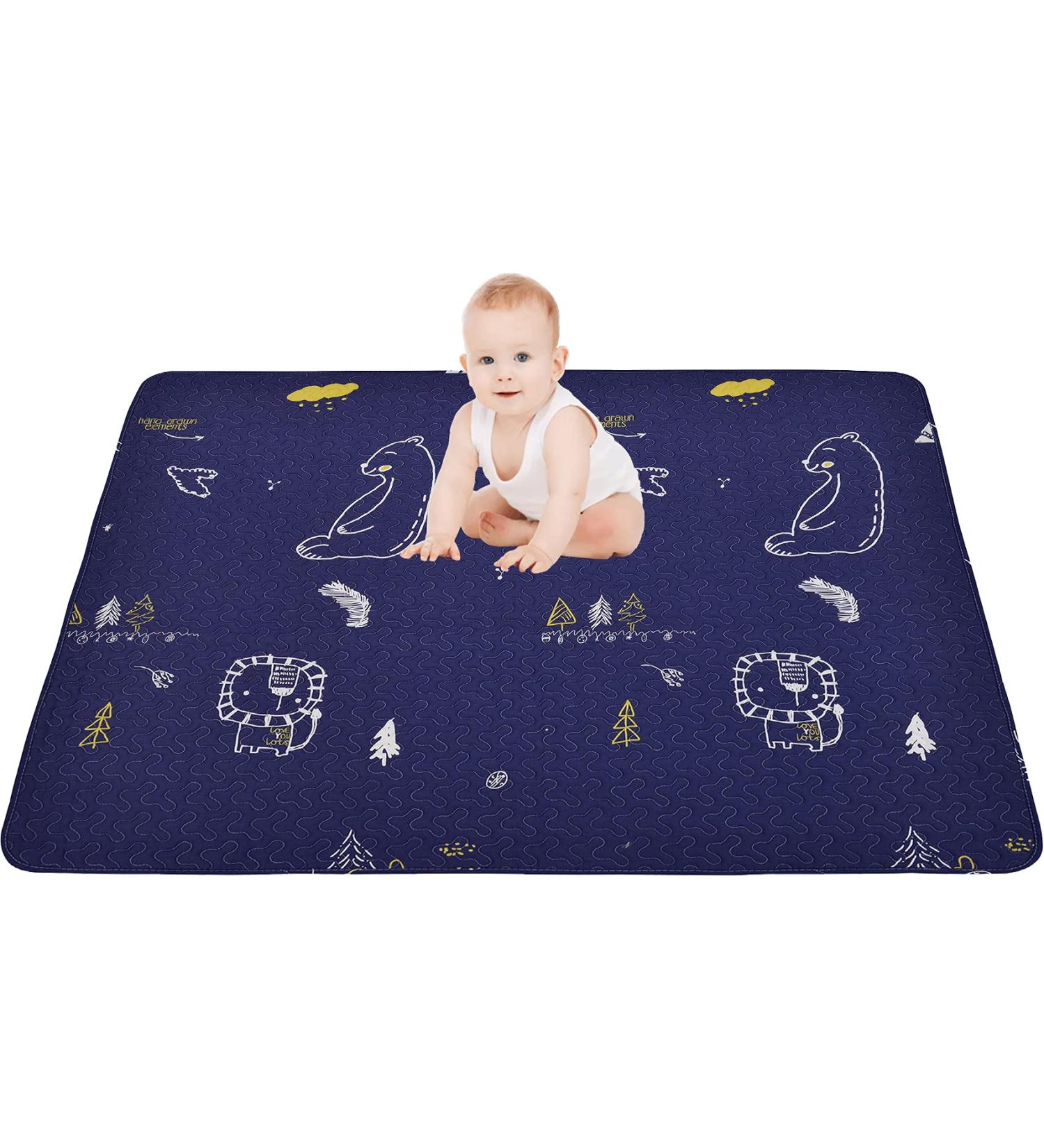Portable Baby Play Mat | Machine Washable & Foldable Crawling Mat | Soft Non-Toxic Playpen Mat for EIH and Fodoss | 47x47 Square Dark Blue Bear Design | Ideal for Infants & Kids | Non-Slip, Pack of 1 - Buy Online on SooperMarket.com