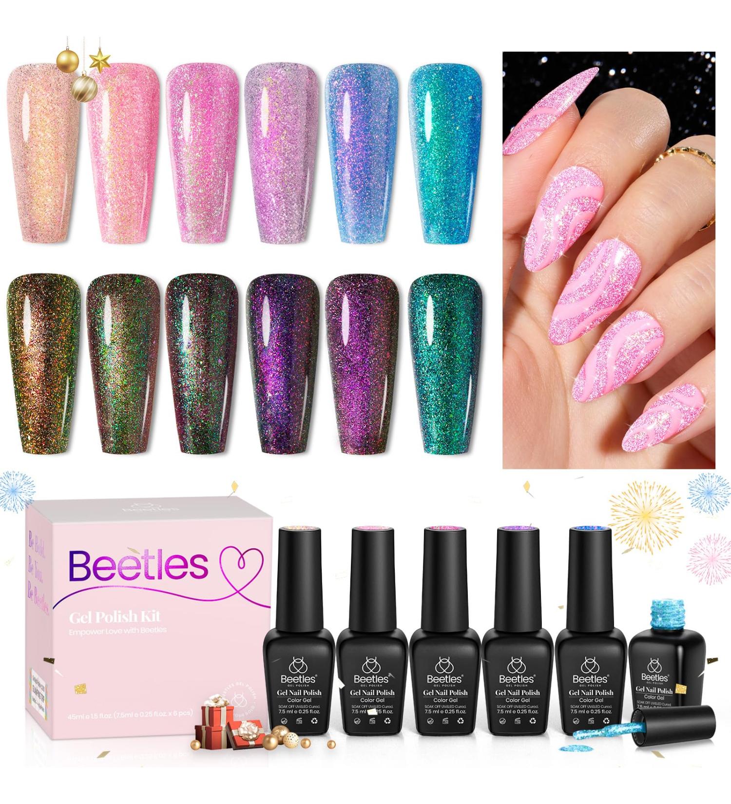 Beetles Glitter Gel Nail Polish Set - 6 Colors Chameleon Sparkle Kit for DIY Manicure | Color Changing Pink Purple Blue with Crushed Diamond Shine | Soak Off UV Gel Polish - Buy Online on SooperMarket.com