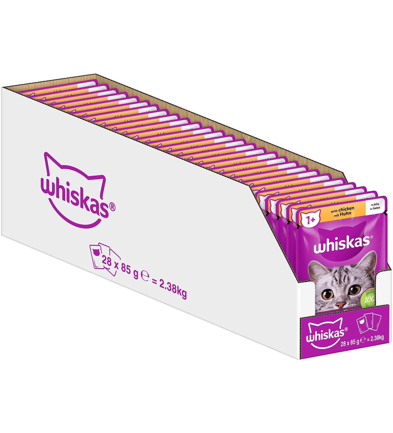 Whiskas 1+ Cat Food Chicken in Jelly 28x85g - High-Quality Wet Feed for Adult Cats - 2.38 kg Pack - Buy Online - Buy Online on SooperMarket.com