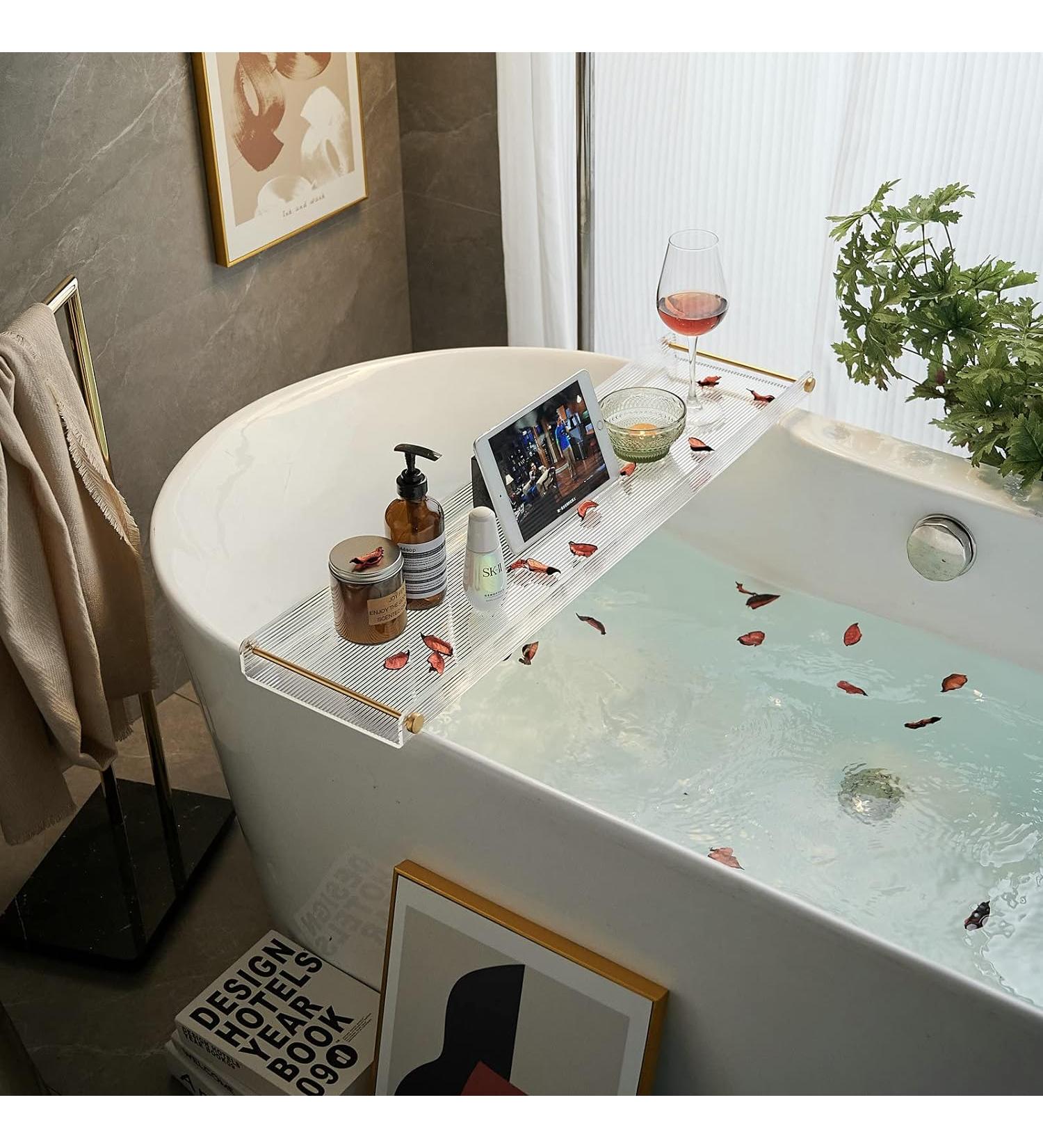 Acrylic Bathtub Tray Caddy with Non-Slip Surface and Gold Handles - Buy Online on SooperMarket.com