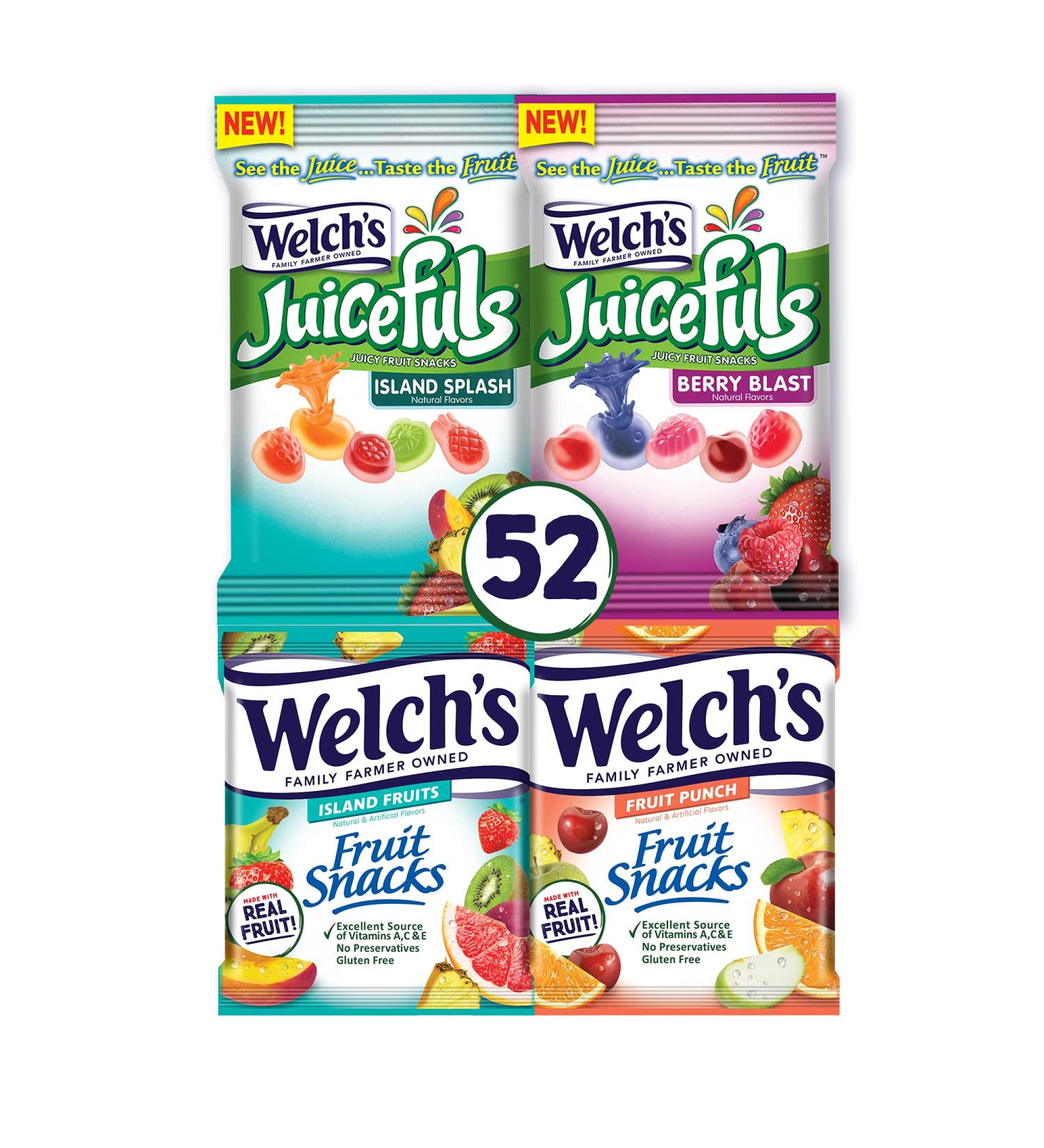 Welch's Fruit Snacks Combo Variety Pack - Juicefuls Berry Blast & Island Splash, Gushers, Island Fruits & Fruit Punch - Pack of 52 Individual Single Serve Bags - 0.9 and 1 oz Sizes - Buy Online on SooperMarket.com