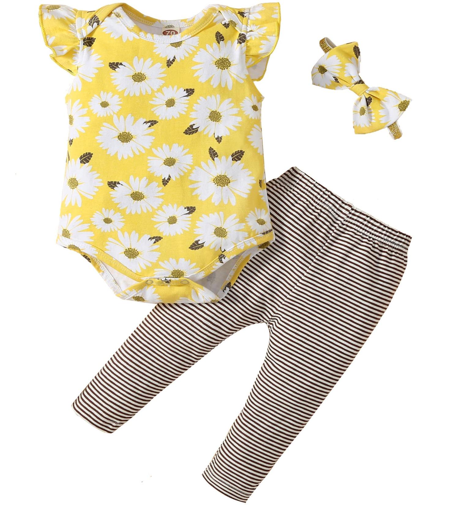 Koonde Baby Girl 3-Piece Outfits | Romper, Trouser & Headband | 12-18 Months | Yellow + Caramel - Buy Online on SooperMarket.com