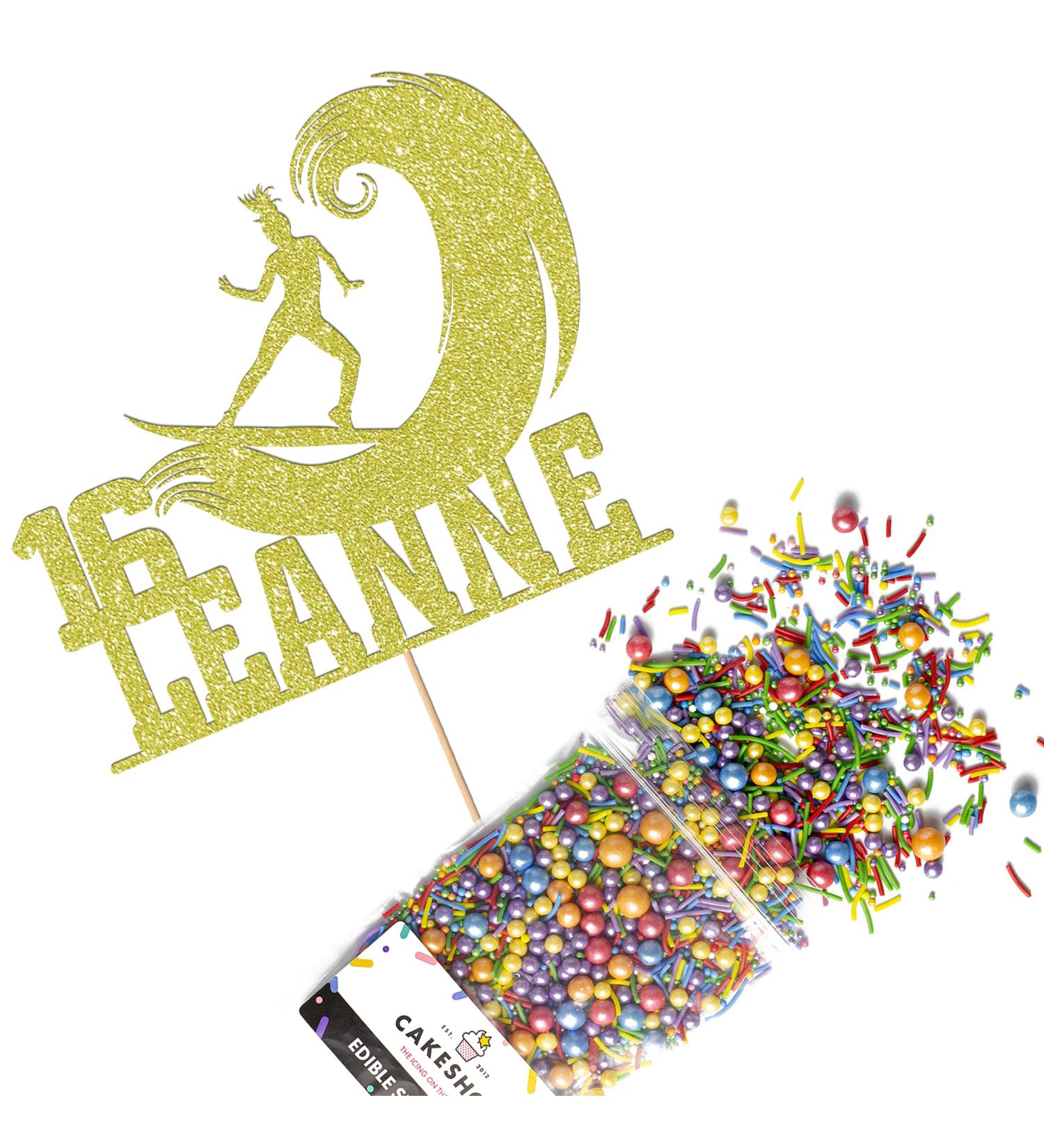 Cakeshop Cake Decoration Pack | Surfer Surfing Theme Premium Double Sided Glitter Card Cake Topper & 25g Party Pack of Cake Sugar Sprinkles | Custom Name & Age Cake Decorations (Champagne) Non-Prime Glitter Card: Champagne - Buy Online on SooperMarket.com