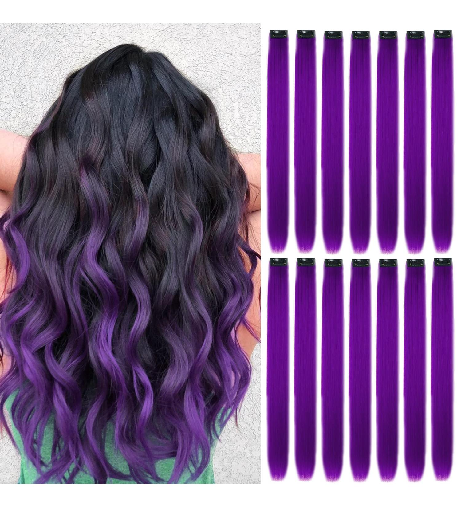 16Pcs Colored Clip in Hair Extensions 22 Inch - New Purple Highlights for Girls & Women - Heat-Resistant Synthetic Hairpieces for Party Hair Decor - Buy Online on SooperMarket.com