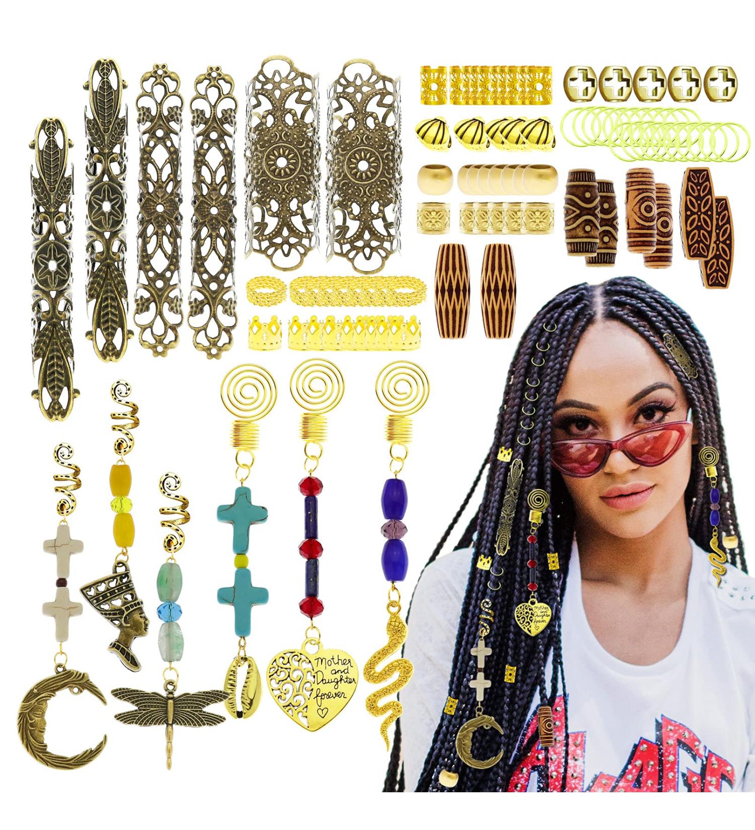 99Pcs Handmade Gemstone Hair Braids Dreadlock Accessories Set - Turquoise, Jade, Shell Pendants, Gold Filigree Cuffs | Beard Clips, Tube Beads for Locs & Extensions - Buy Online on SooperMarket.com