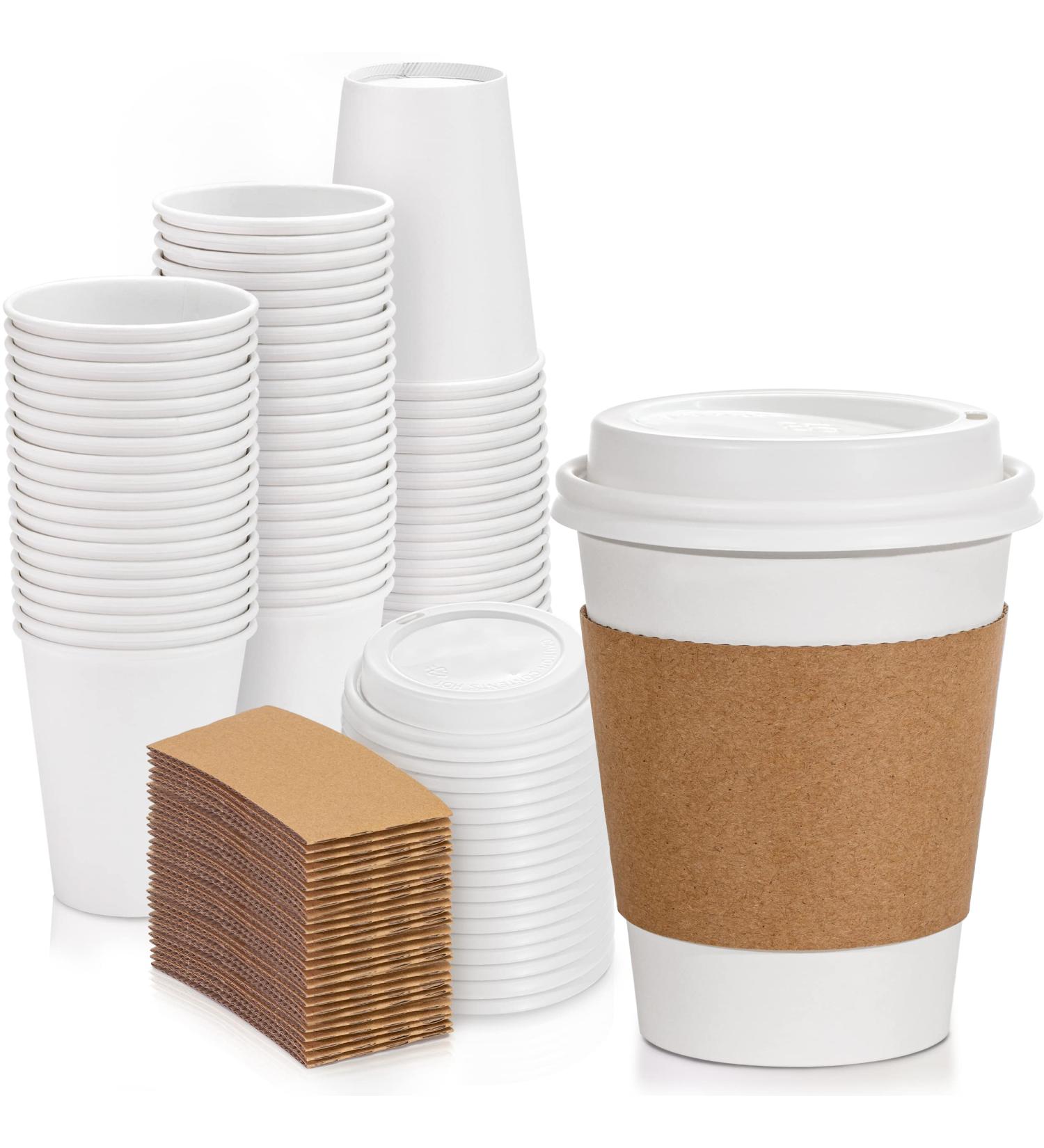 50 Pack 12oz White Coffee Cups with Dome Lids, Sleeves - Disposable Paper To Go Cups for Hot Drinks - Ideal for Cafes & Businesses - Buy Online on SooperMarket.com