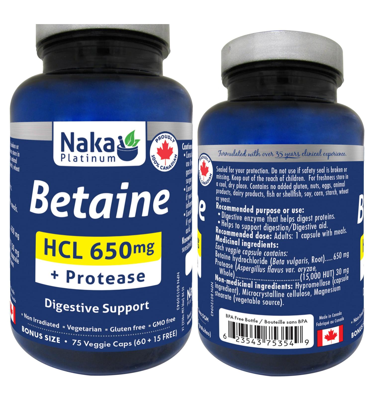 Naka Platinum Betaine HCL 650mg + Protease Digestive Support Made in Canada (75 vcaps) 75 count (Pack of 1) - Buy Online on SooperMarket.com