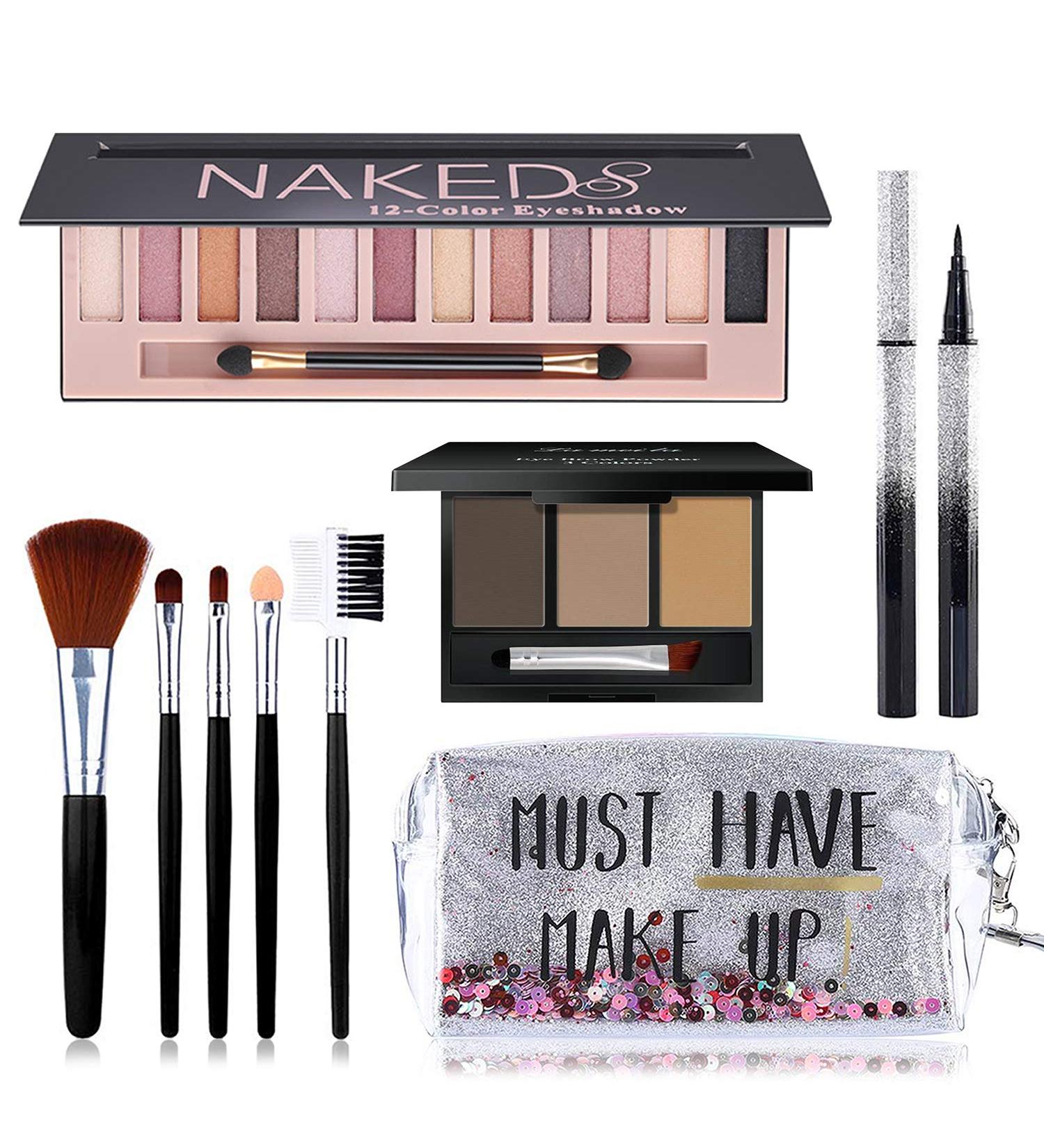12 Colors Naked Eyeshadow Palette, 5Pcs Makeup Brushes, Waterproof Eyeliner Pencils, Eyebrow Powder & Quicksand Bag Gift Set for Women, Girls & Teens - All in One Makeup Kit SET A - Buy Online on SooperMarket.com