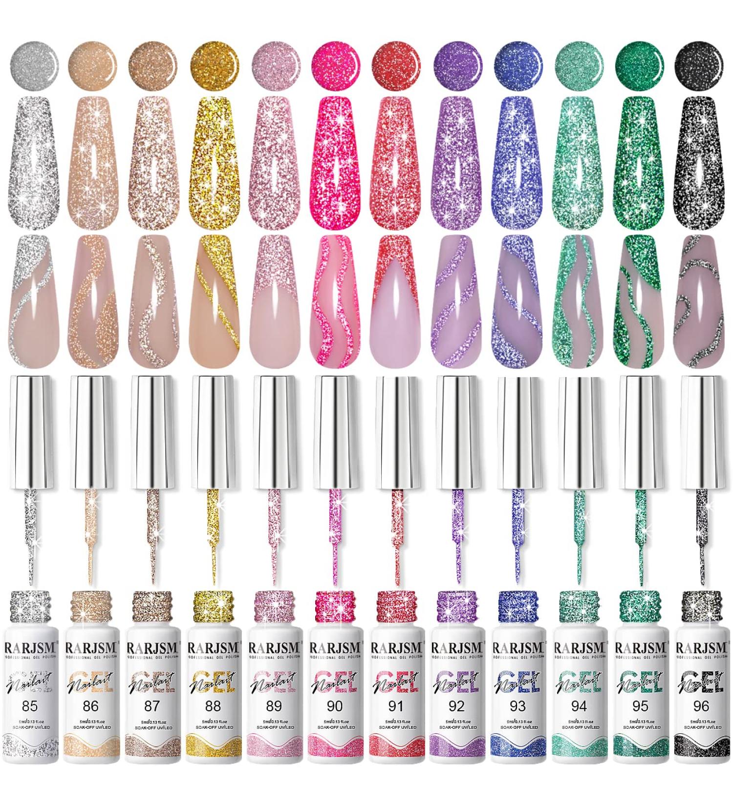 RARJSM Gel Liner Nail Art Reflective Glitter Flash Diamond Liner Gel Polish 12 Colors 5ml Sparkle Silver Hot Pink Black Pigment Painted Stripe Brush Gel Nail Polish UV LED Curing Require Nail Design Reflective Glitter Set - Buy Online on SooperMarket.com