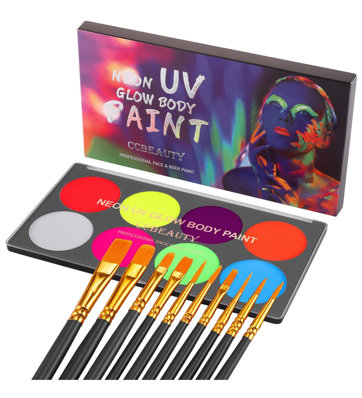 CCbeauty UV Glow Face Body Paint Palette | 8 Neon Colors | Water Activated | Safe & Washable | Halloween Makeup Kit + 10 Brushes - Buy Online on SooperMarket.com