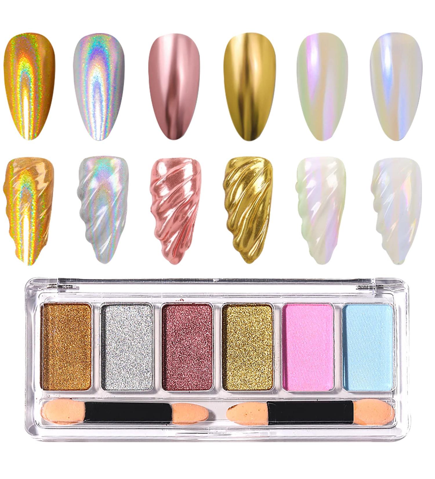 Chrome Nail Powder Palette - Metallic Mirror & Holographic Aurora Shades with Eyeshadow Sticks - Nail Art DIY - Buy Online on SooperMarket.com