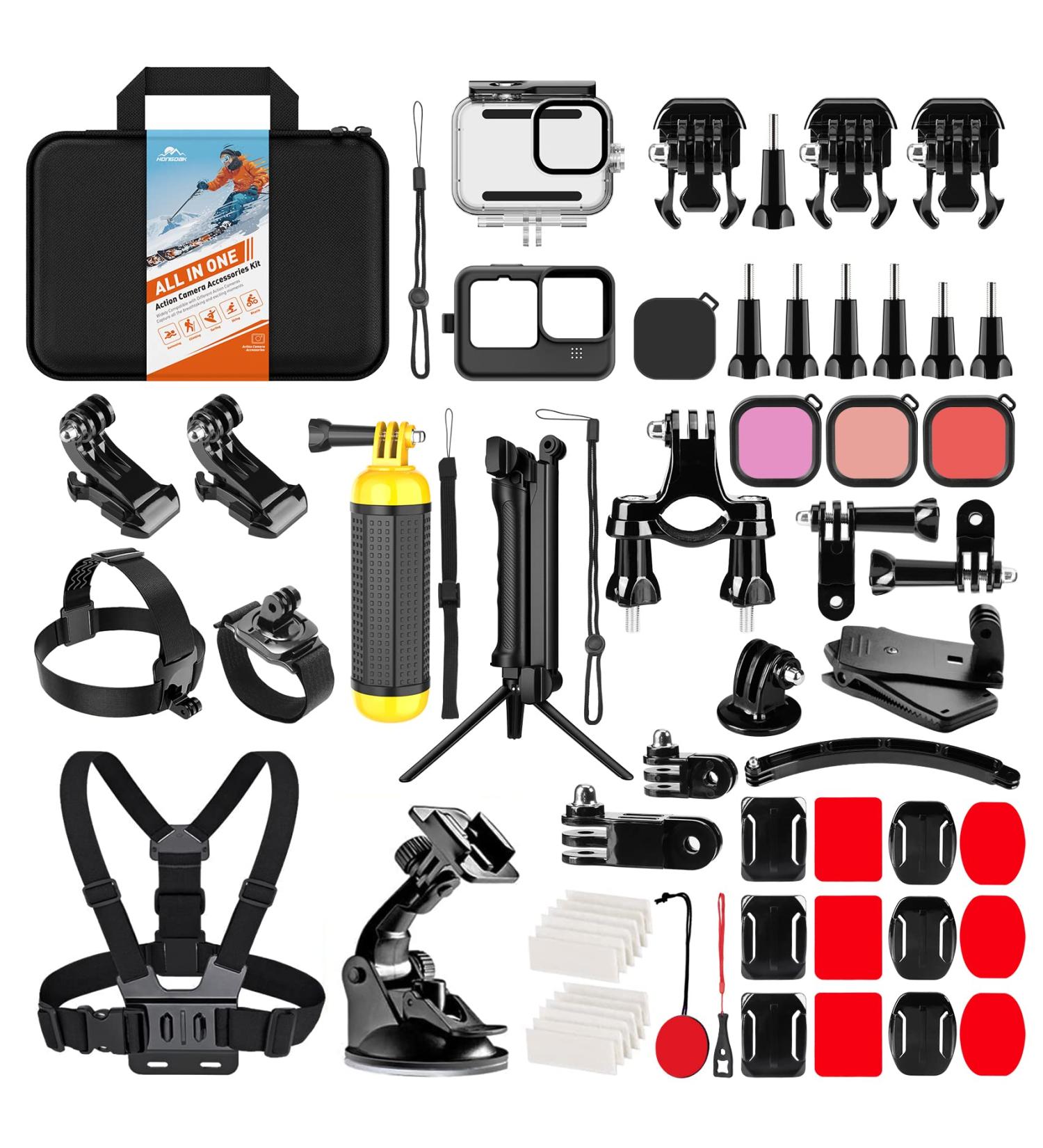 HONGDAK 63-in-1 Action Camera Accessories Kit for GoPro Hero 11/10/9 Black - Waterproof Housing, Silicone Case, Arm Strap, Mounts & More - Buy Online on SooperMarket.com