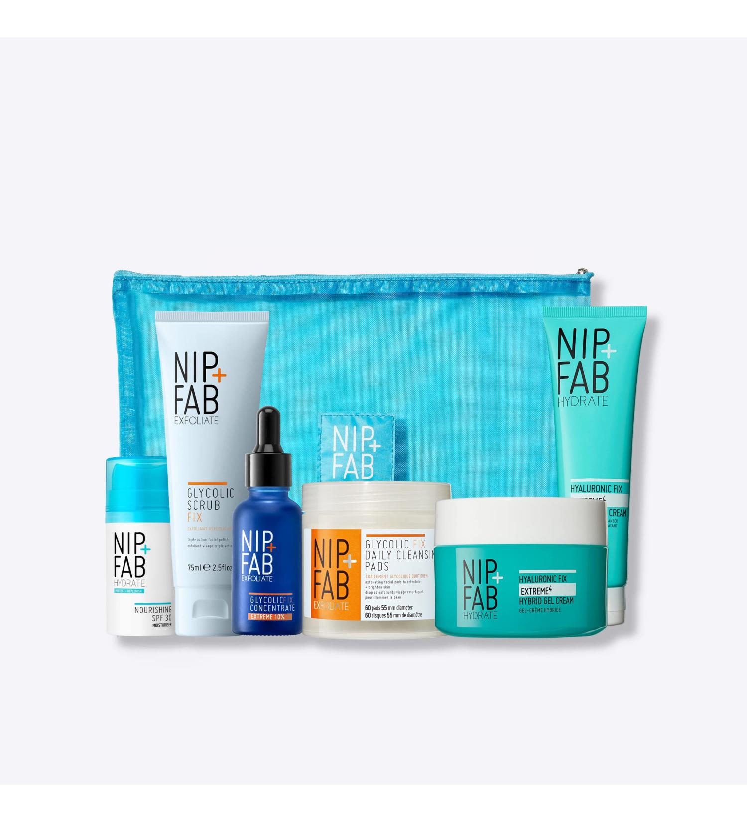 Nip + Fab Exfoliate & Hydrate Gift Set | Smooth Texture and Boost Glow with Glycolic acid | Glycolic Scrub Concentrate Pads | Hyaluronic Cream