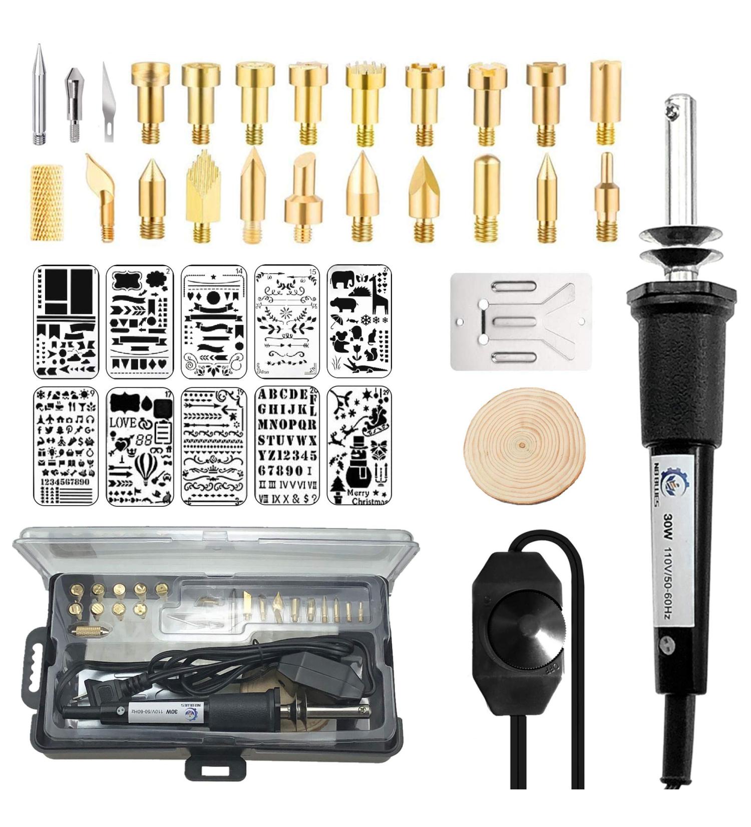 NB Blues 30W Wood Burning Kit with 22 Tips, 10 Stencils & Wood Chips - Professional Adjustable Leather/Wood Burning Tool Set - Buy Online on SooperMarket.com