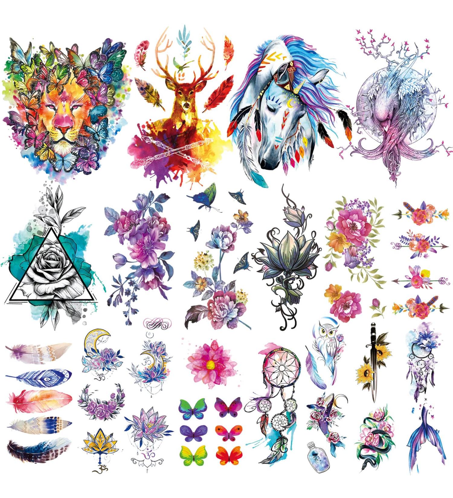 Floral Temporary Tattoos for Women and Kids Waterproof Fake Tattoos for Adults Butterfly, Lion, Deer Designs Realistic Body Art Stickers (50 Sheets) - Buy Online on SooperMarket.com