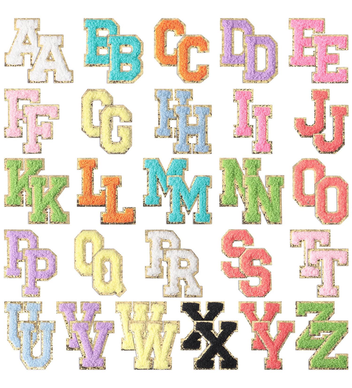 52 Chenille Letter Patches A-Z with Gold Glitter Border | Iron on Embroidered Patch for Clothing, Hats, Bags, Jackets, Shirts | Bright & Cute Style - Buy Online on SooperMarket.com