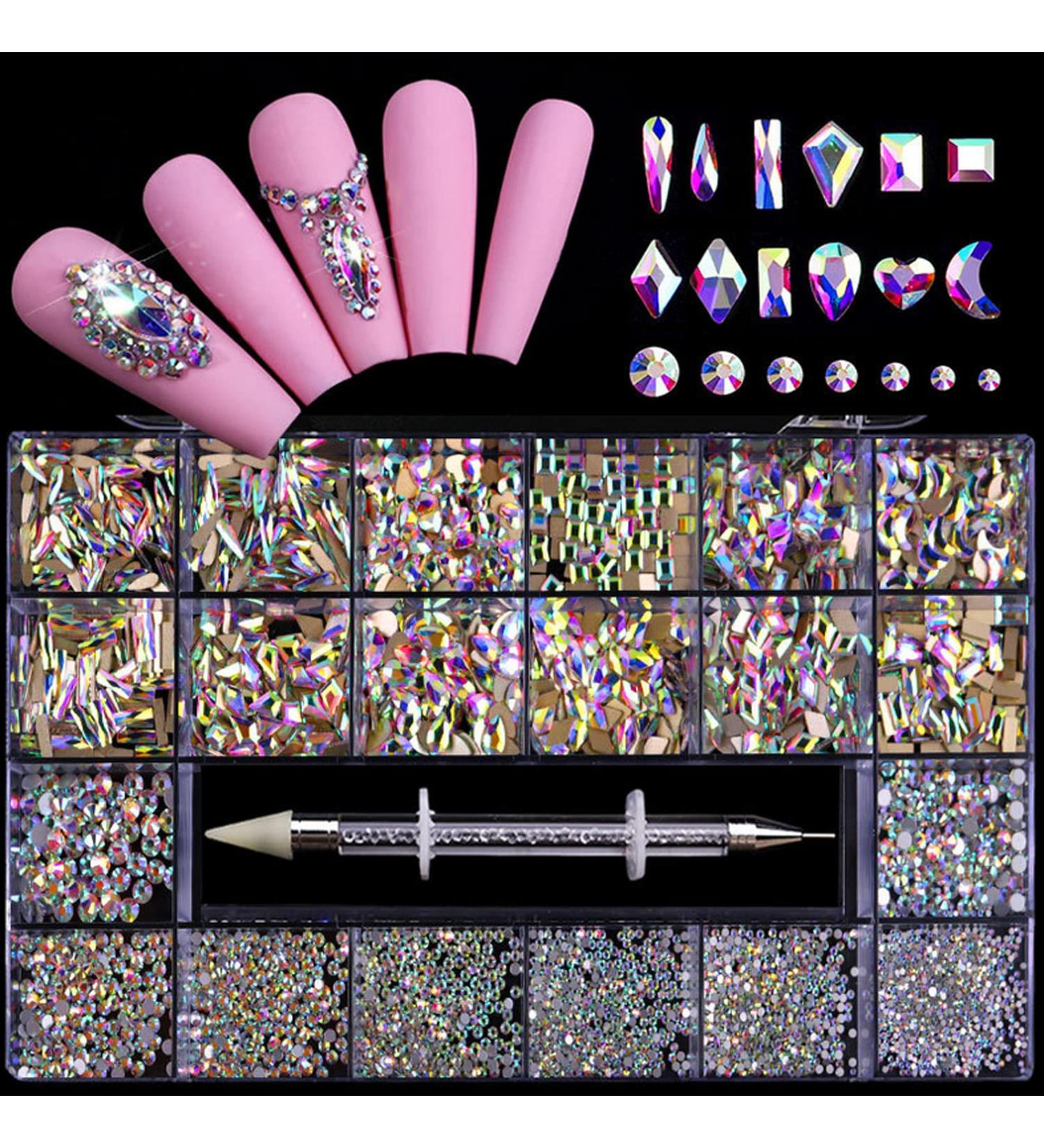 Nail Rhinestones Kit - 600 Iridescent Diamonds + 2500 Flat AB Rhinestones for Nail Art, Shoes, Clothes, and Jewels | DIY Crafts Gemstones Set - Buy Online on SooperMarket.com