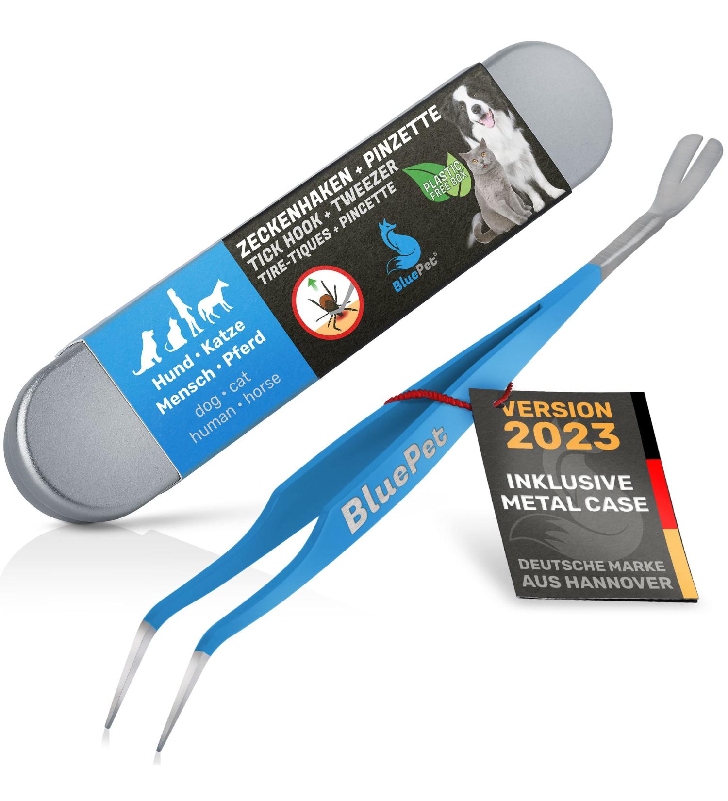 Bluepet 2-in-1 Tick Tweezers for Dogs Cats Horses & Humans - Stainless Steel Tick Remover with Case | Best Alternative to Tick Pliers & Agents - Buy Online on SooperMarket.com
