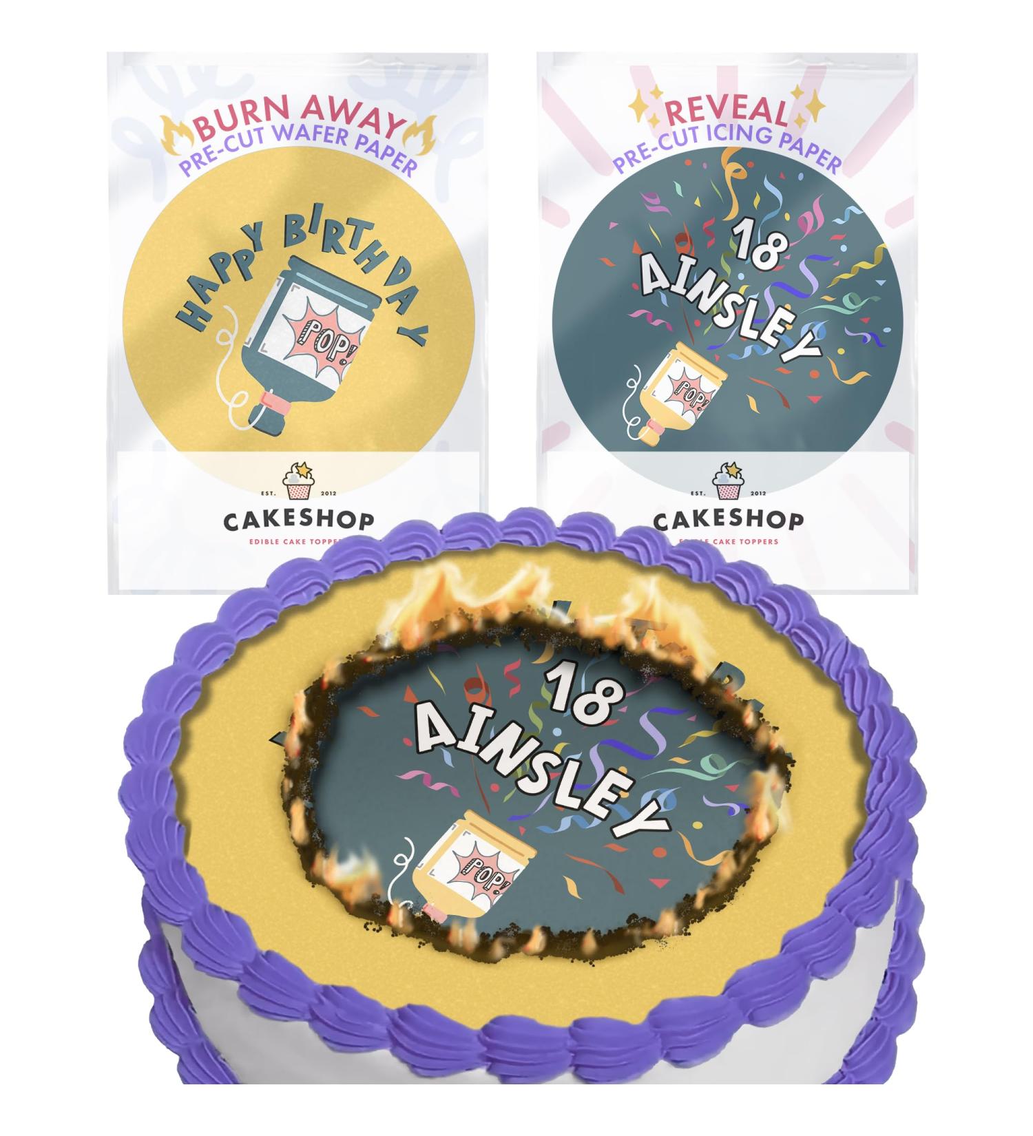 Cakeshop Burn Away Cake Edible Topper Pack | 1 x Icing sheet & 1 x Wafer Sheet | Party Popper Birthdays For Him or Her | Personalise With Your Required Age & Name | Multiple Shapes & Sizes to Choose Non-prime