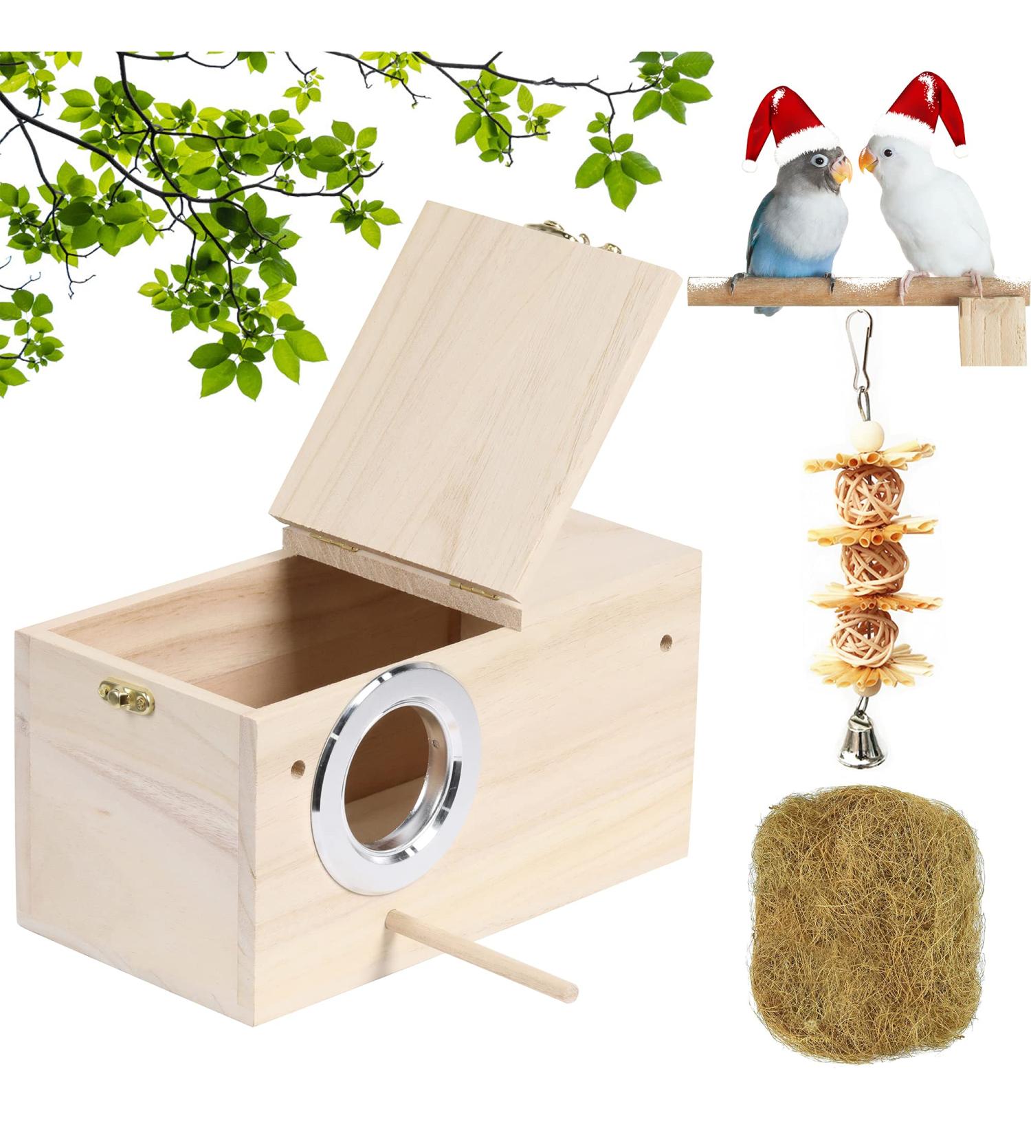 Wooden Parakeet Nesting Box with Coconut Fiber Toy - Ideal for Cockatiel Lovebirds Budgie Finch Canary - 7.8x4.8x4.8 - Buy Online on SooperMarket.com